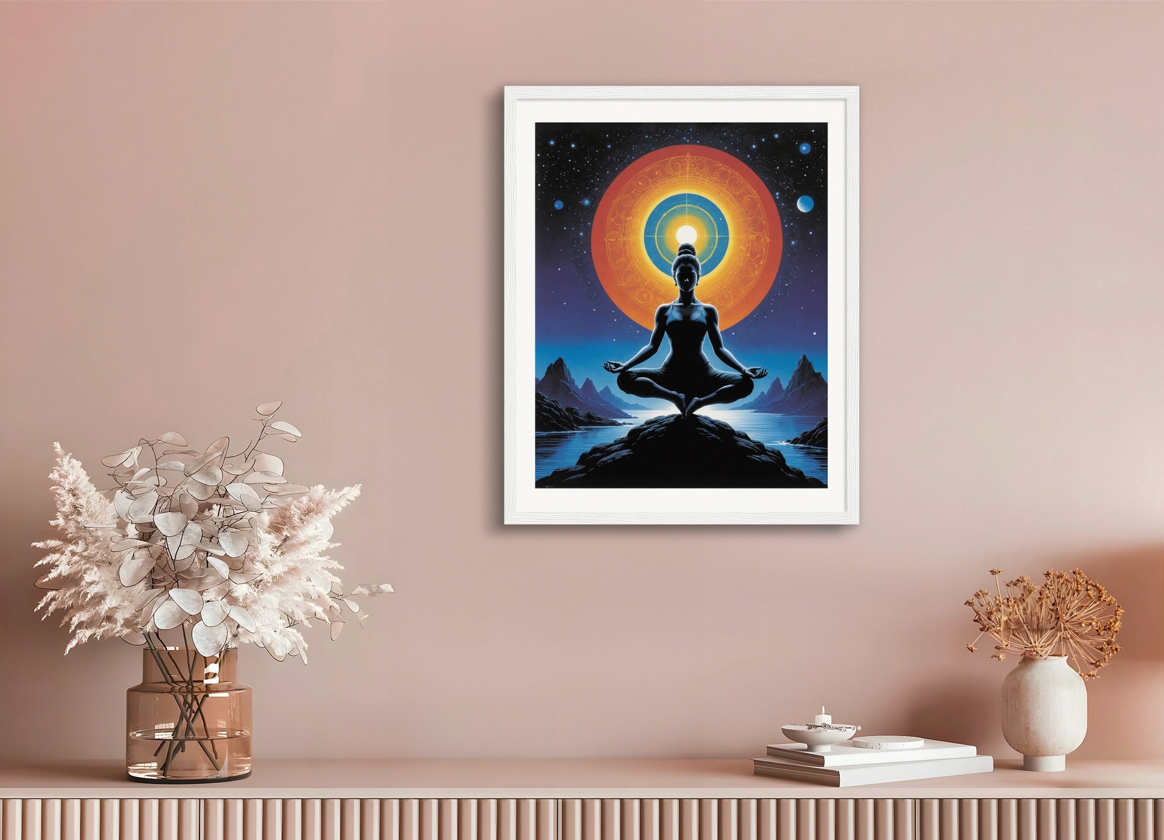 Poster with wood frame: French science fiction comics, dreamlike and psychedelic landscapes, Yoga