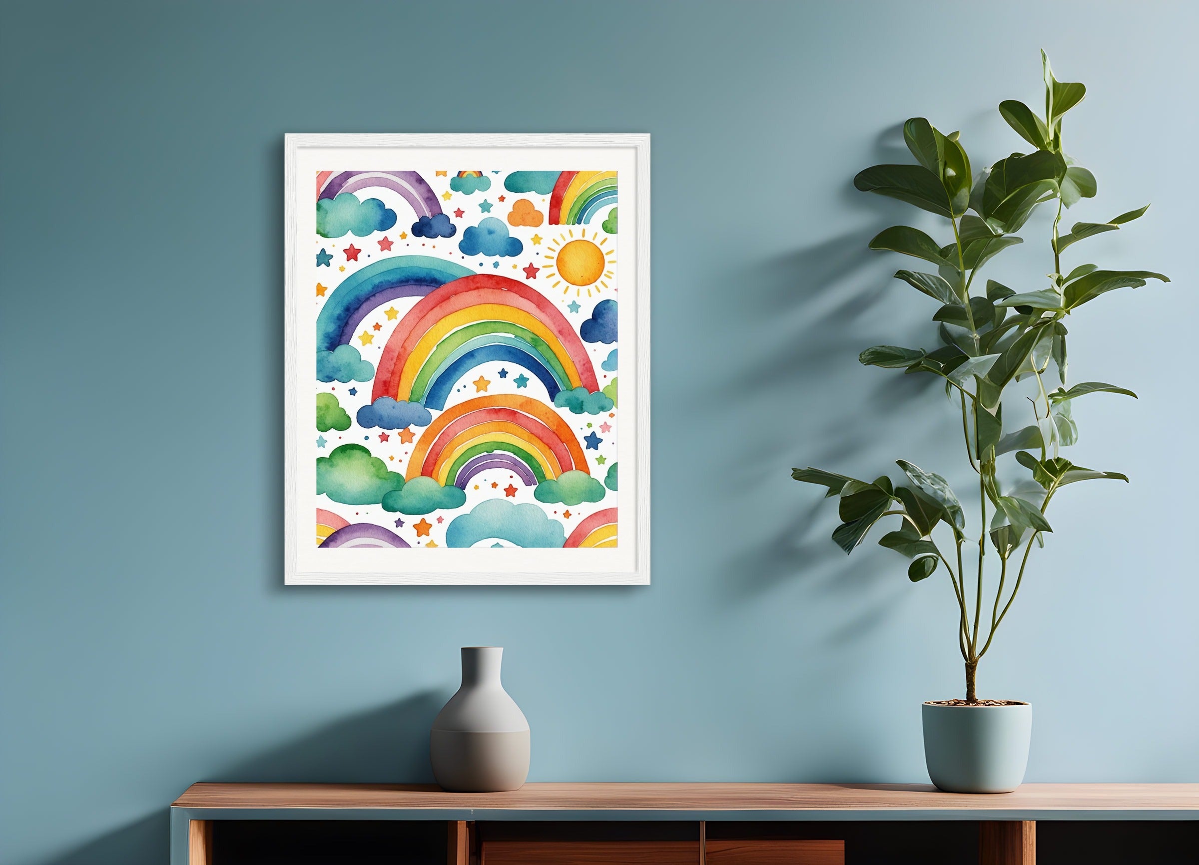 Poster with wood frame: Childish watercolor, rainbow on white background