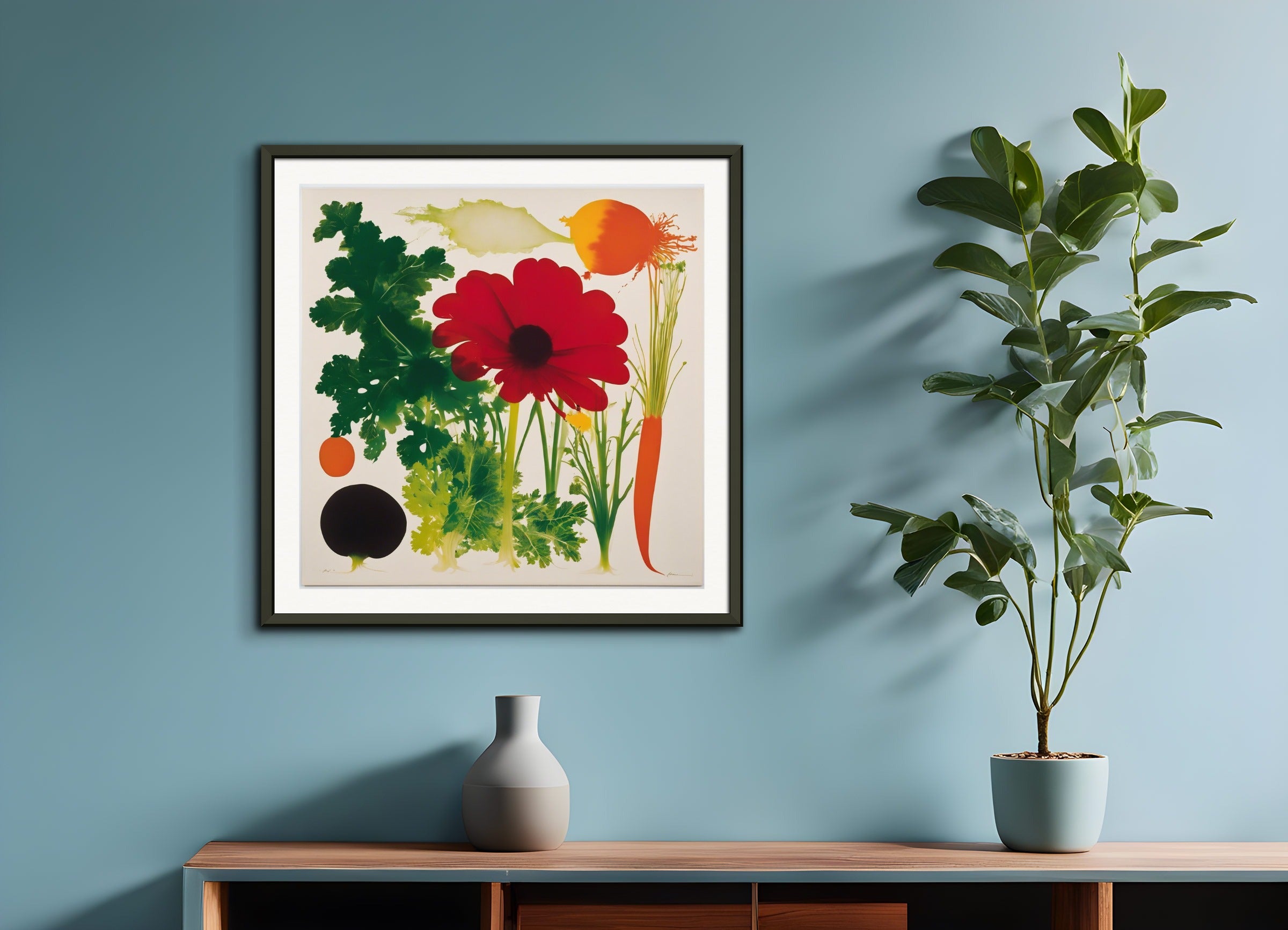 Poster with metal frame: Style centered on light and repetitive structures that explore the phenomena of perception and movement dynamics, Vegetables