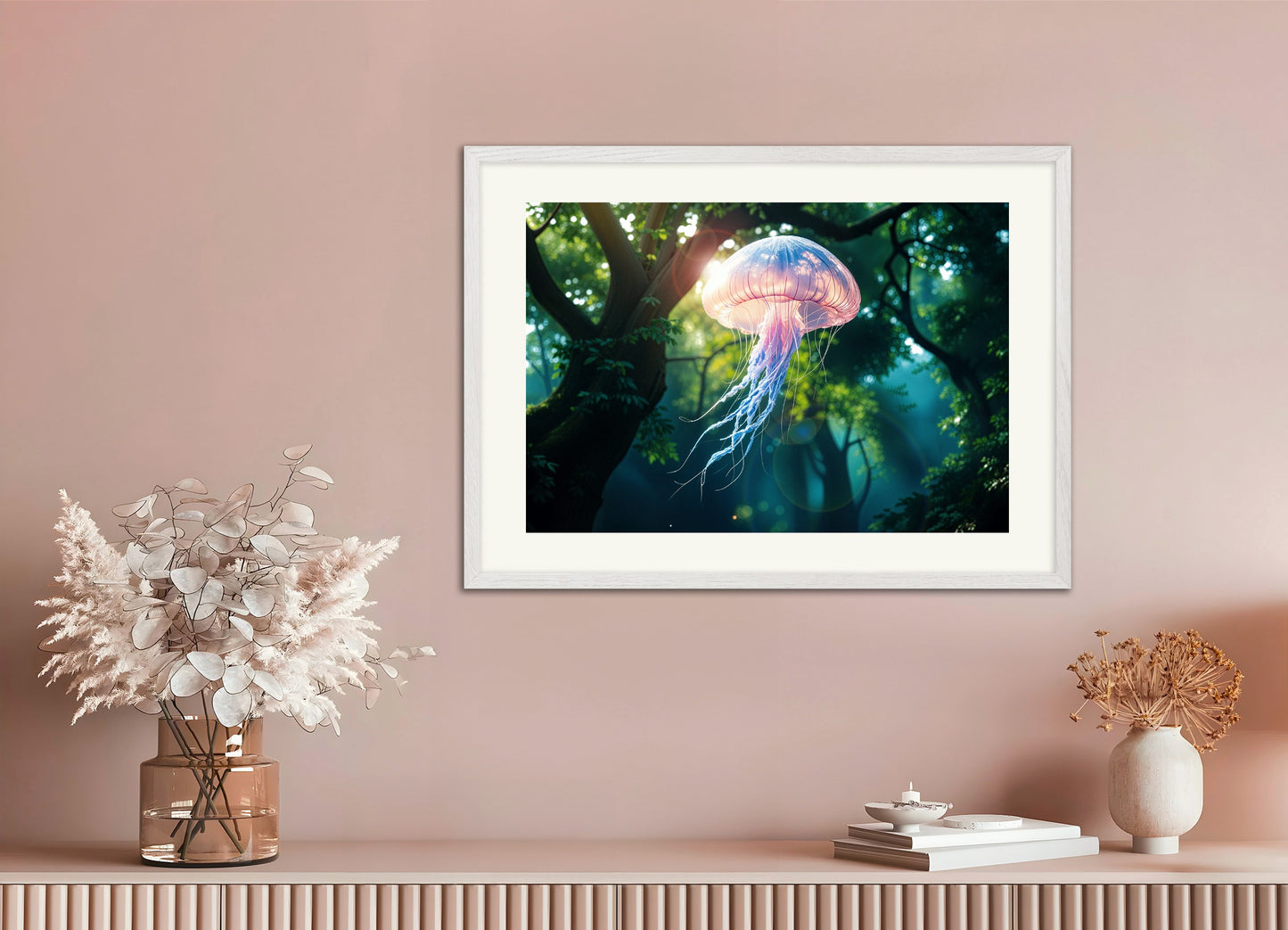 Poster with white wood frame: Magical realism, luminescent jellyfish