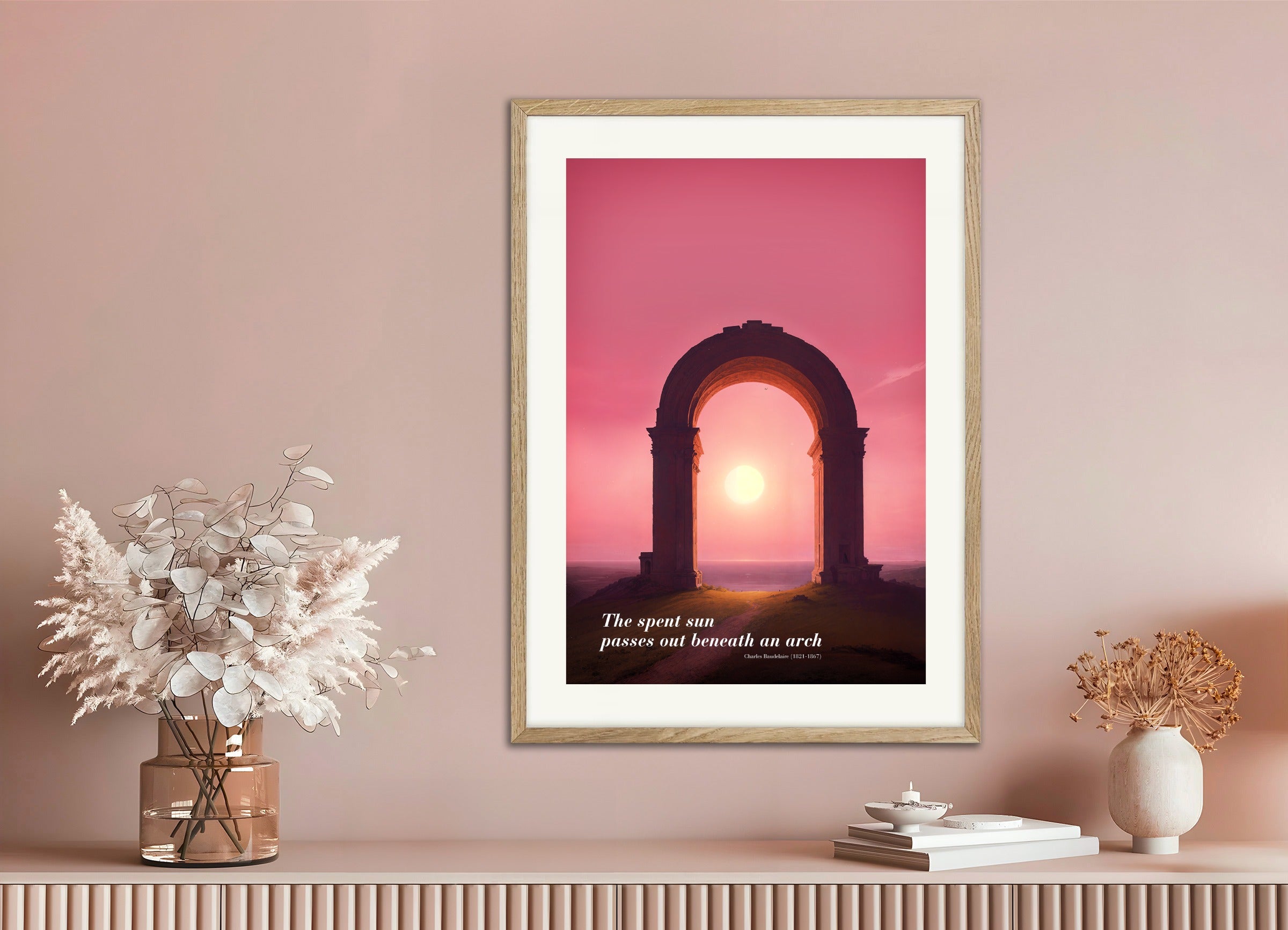 Poster with natural wood frame: The Dying Sun Falling Asleep Under an Arch, Charles Baudelaire