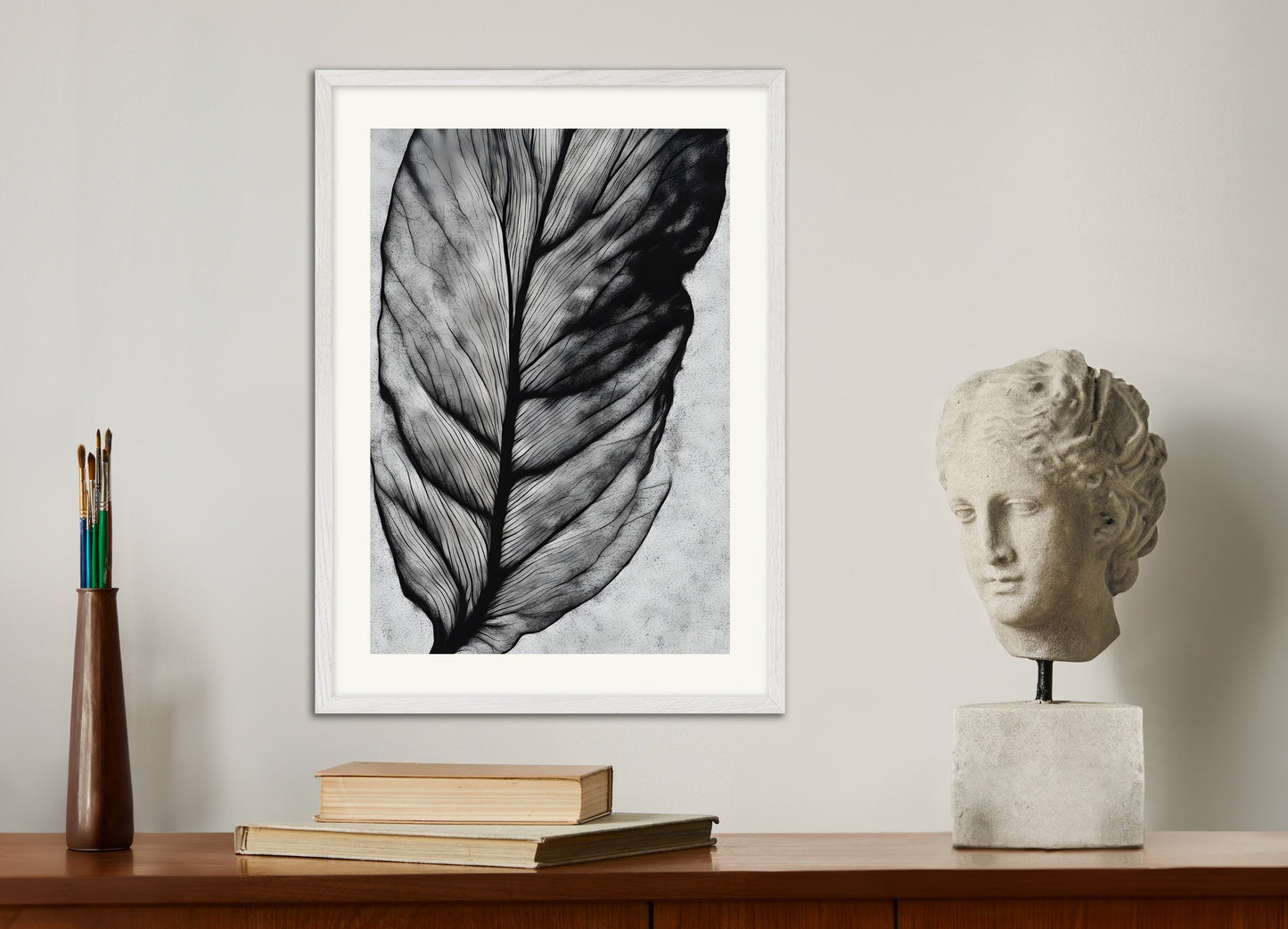 Poster with white wood frame: A leaf in black and white