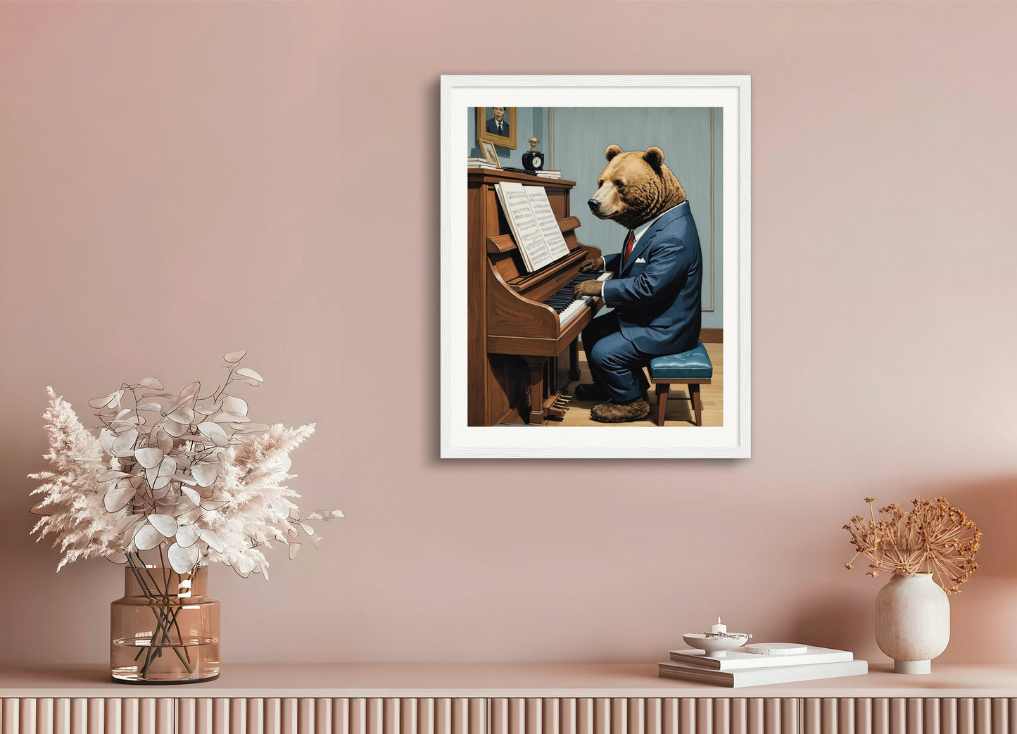 Poster with wood frame: Contemporary Japanese kawaii artist, bear in suit plays piano