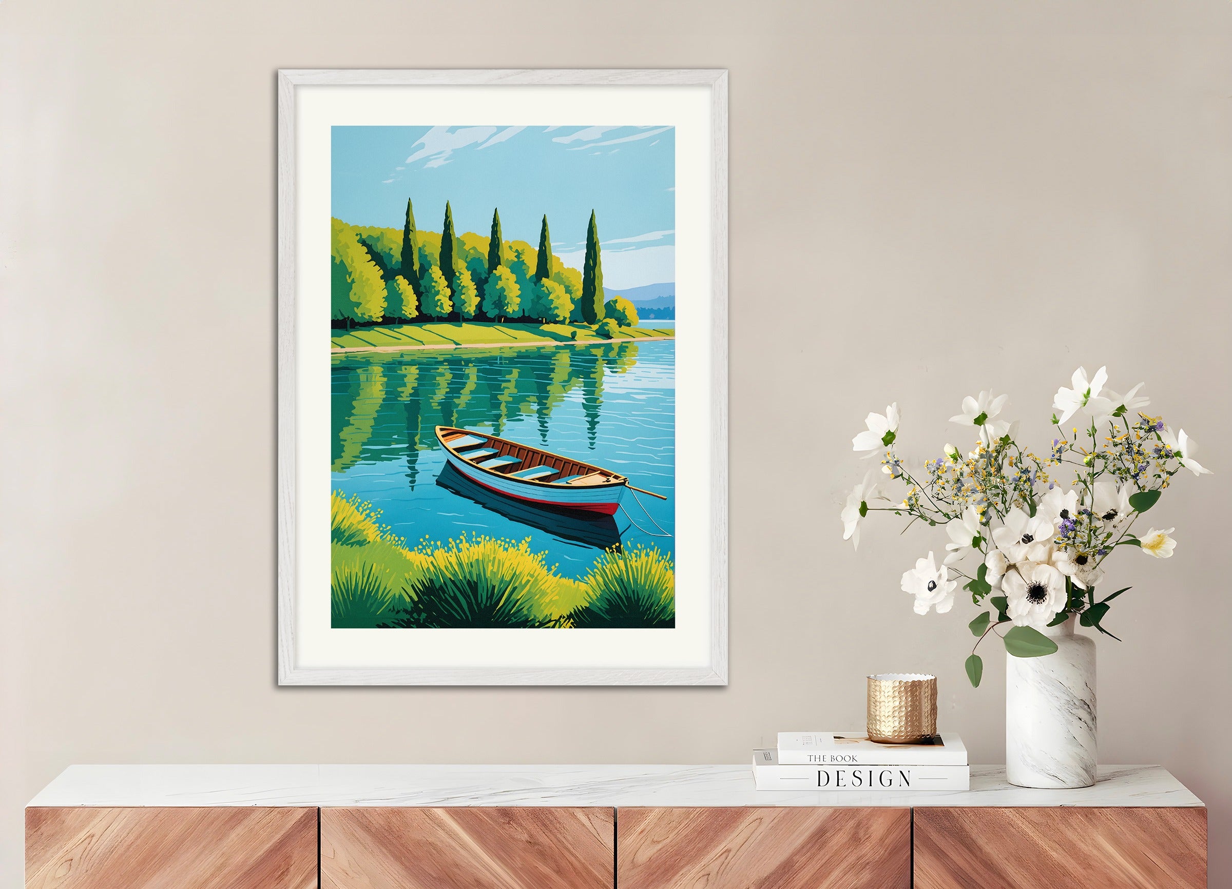 Poster with white wood frame: A boat on a lake