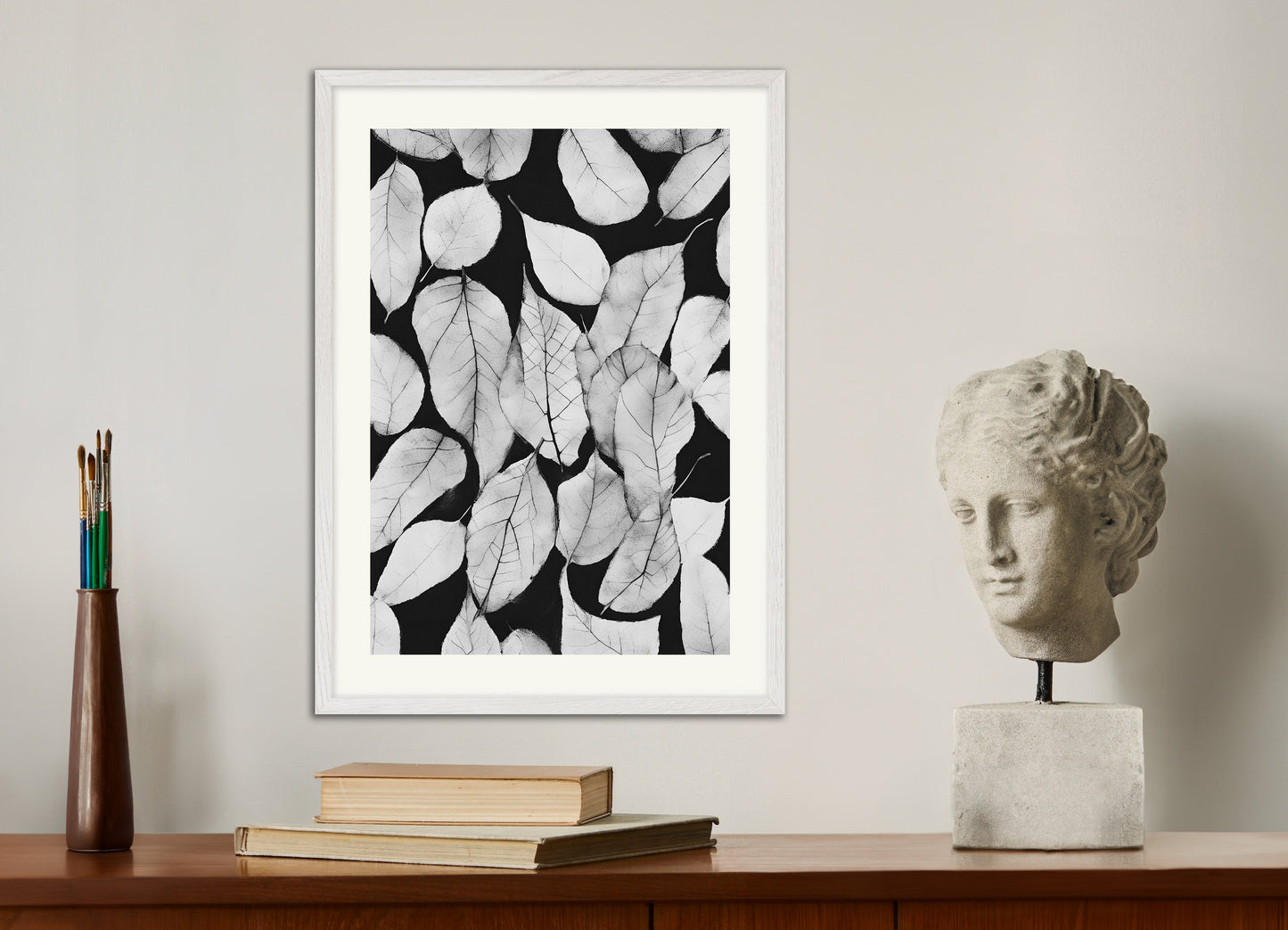 Poster with white wood frame: Dead leaves, black and white