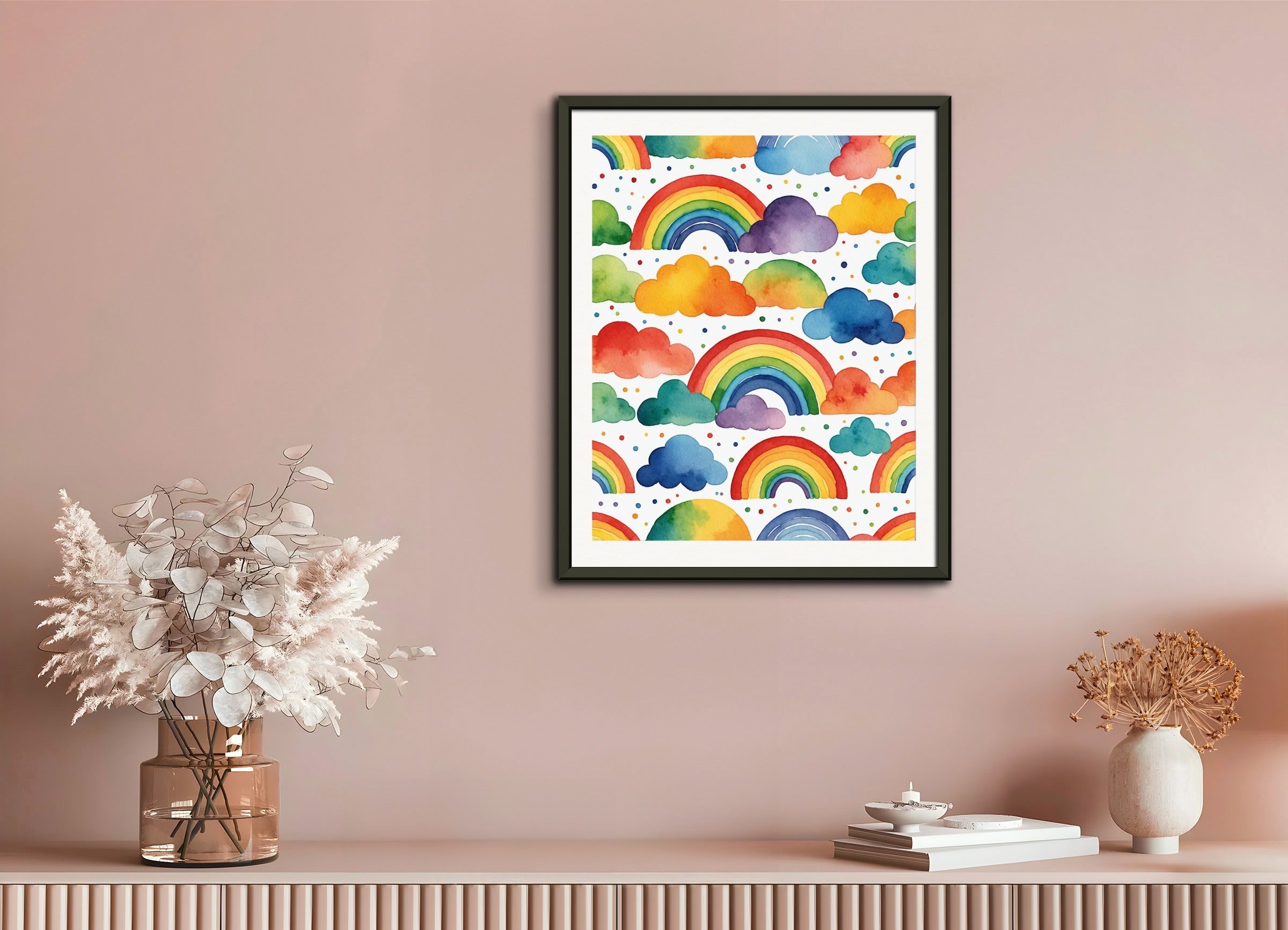 Poster with metal frame: Childish watercolor, rainbow on white background