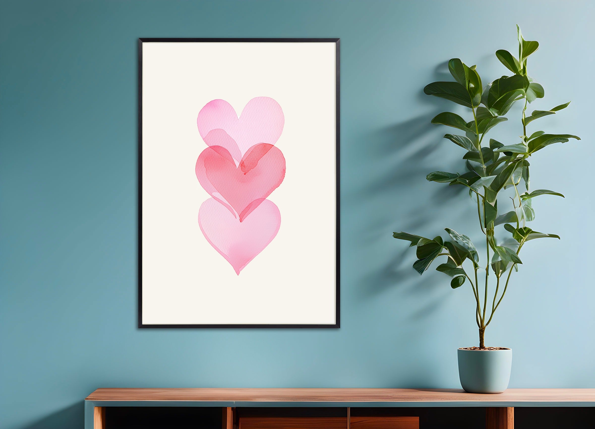 Poster with metal frame: Watercolour romantic hearts