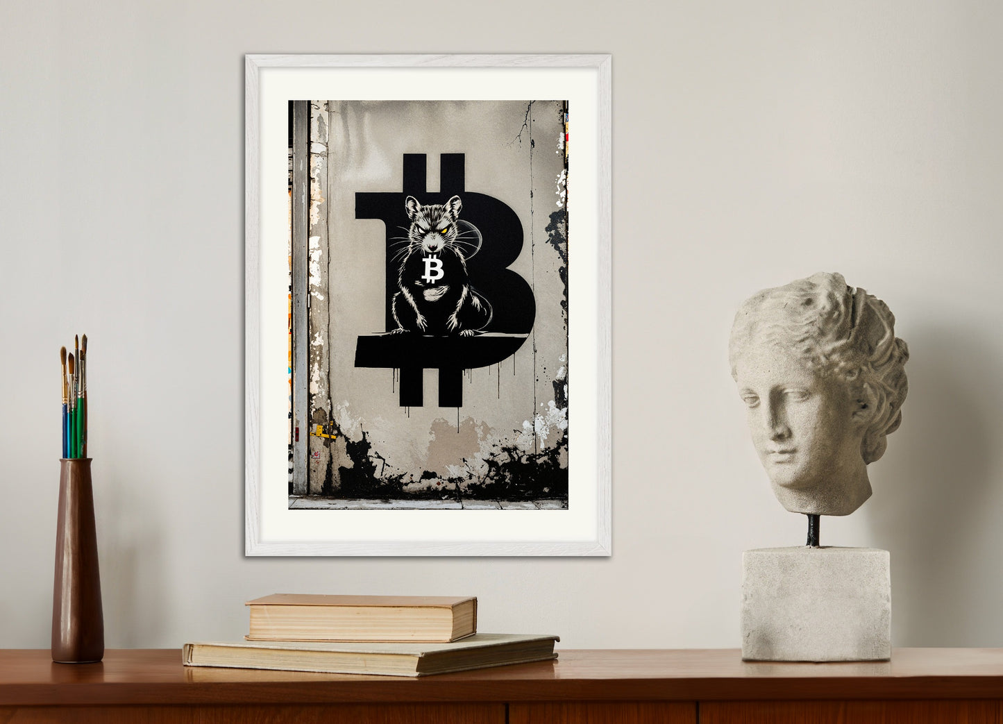 Poster with white wood frame: Bitcoin Rat, Street Art