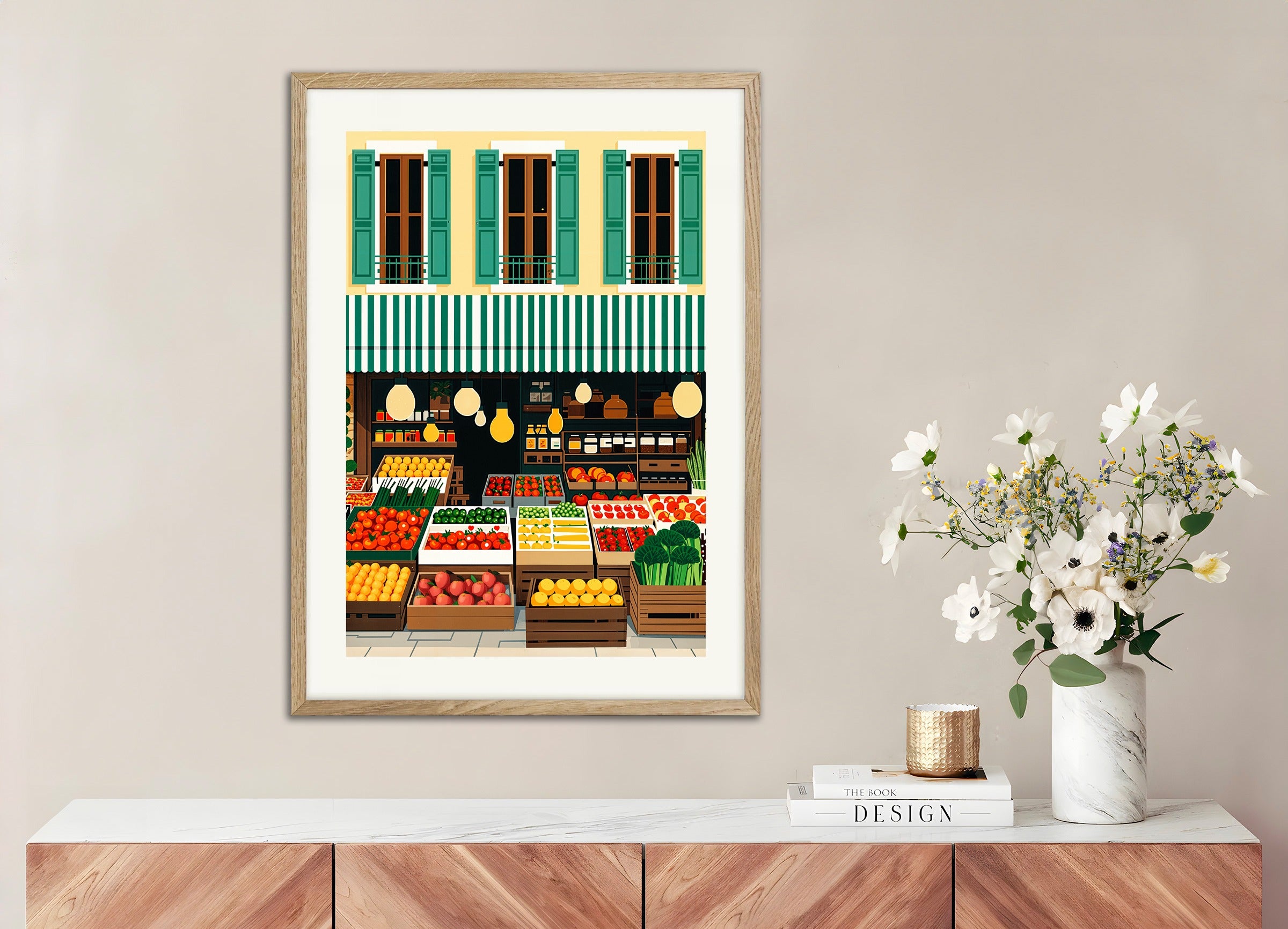 Poster with natural wood frame: Grocery store poster, fruits and vegetables