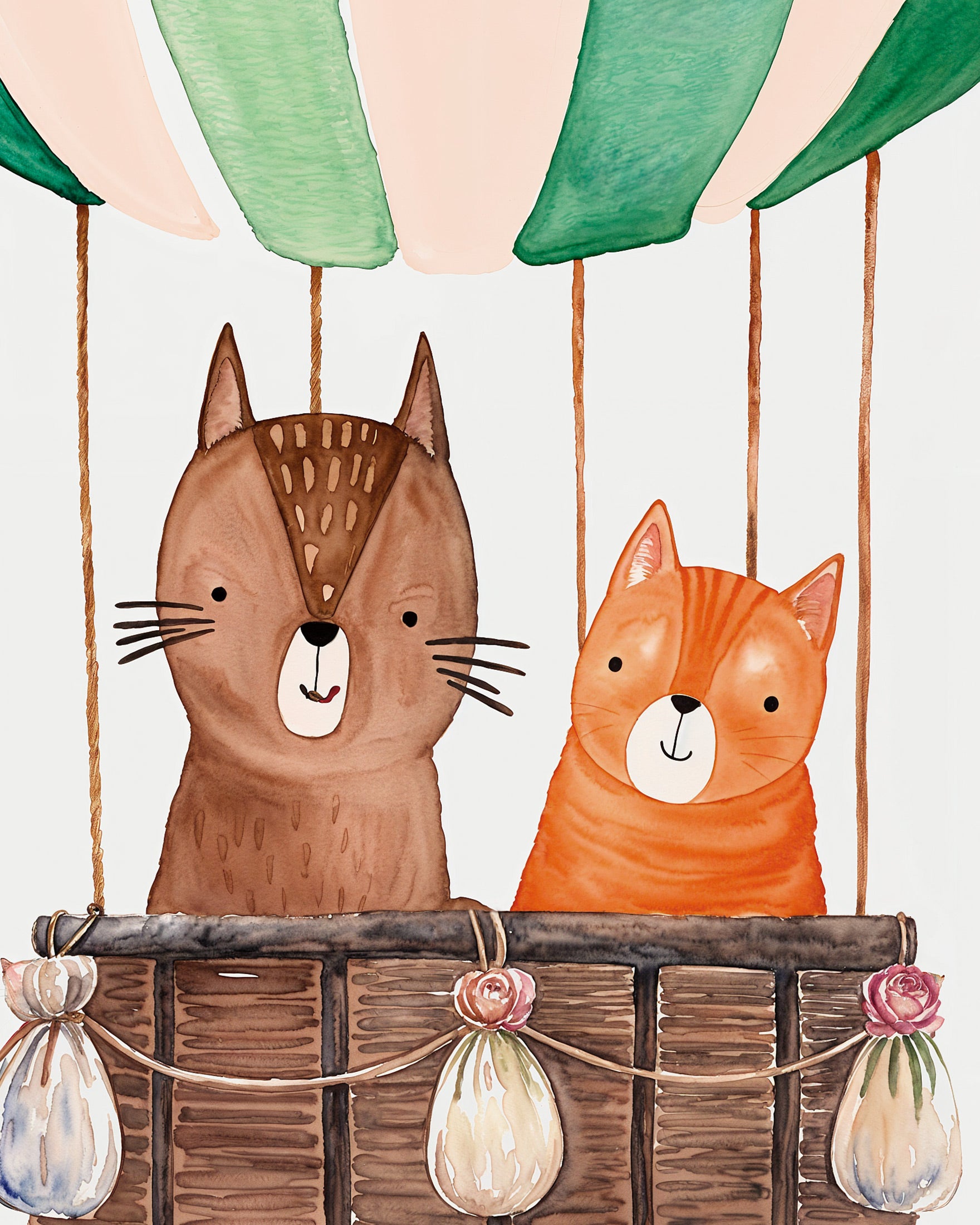 Twee katten reizen in een luchtballon - Poster