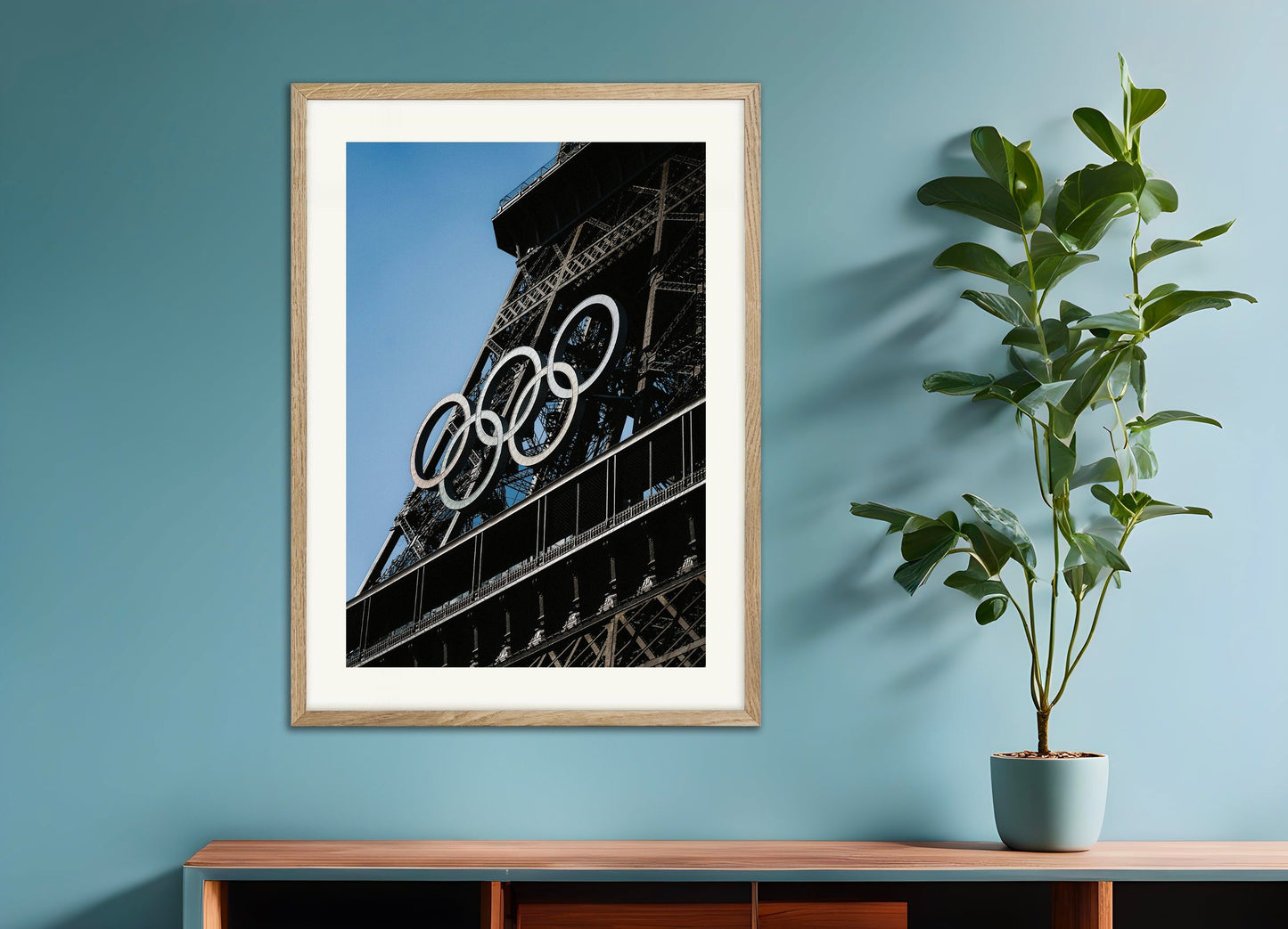 Poster of 2024 Olympics poster, Eiffel Tower, with natural wooden frame