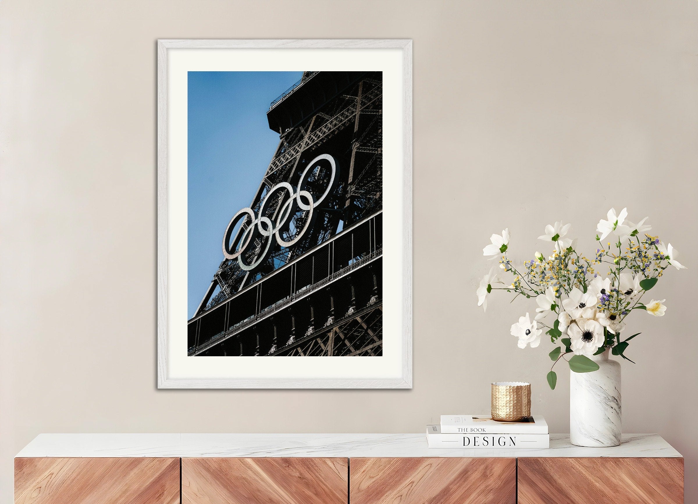 Poster of 2024 Olympics poster, Eiffel Tower, with white wooden frame