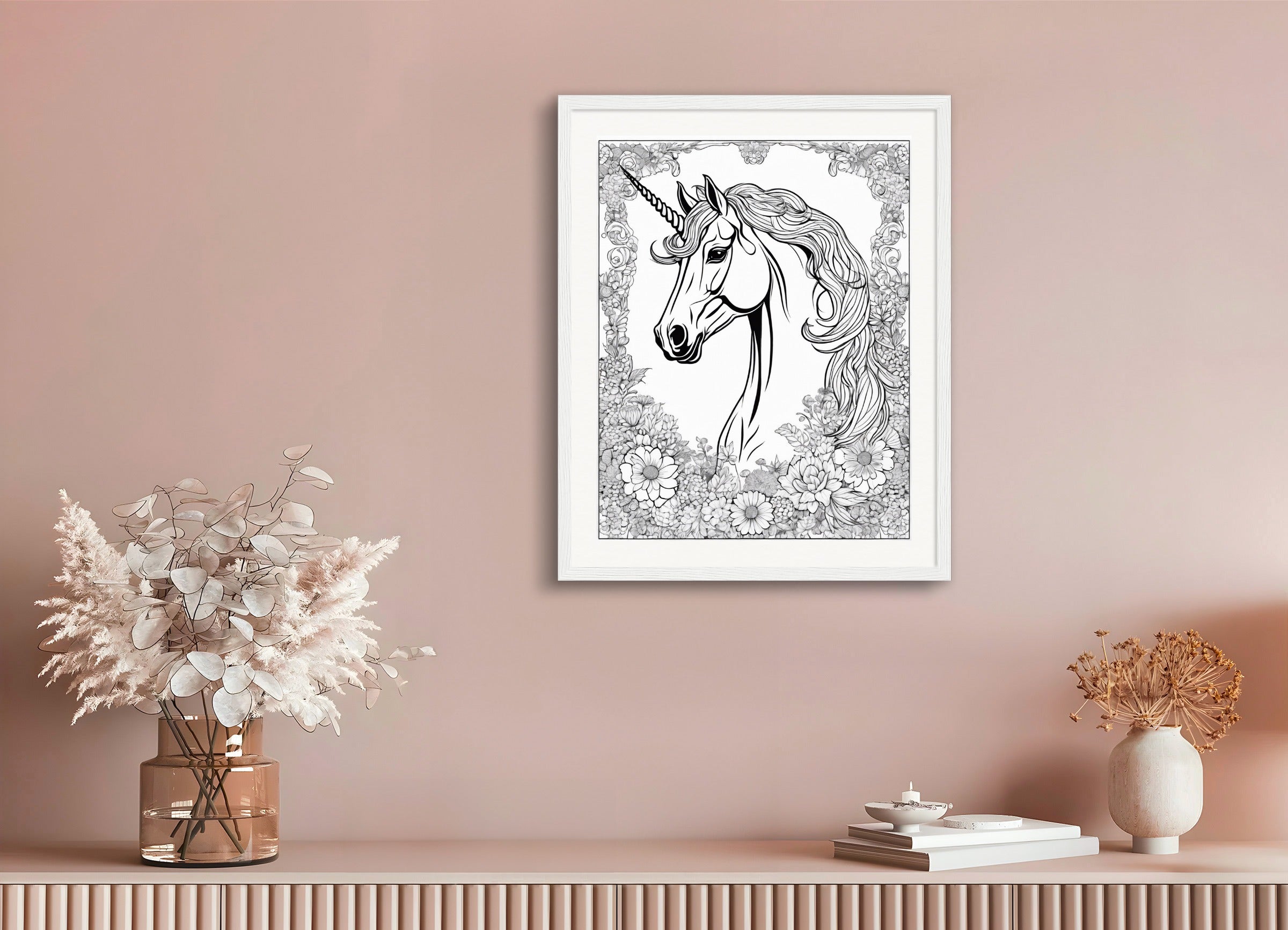 Poster with wood frame: Coloring page, Unicorn