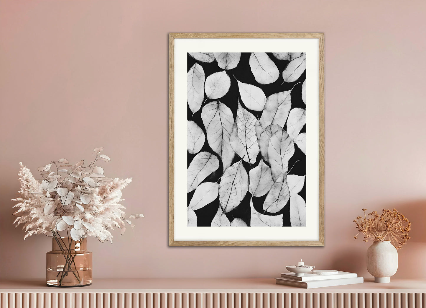 Poster with natural wood frame: Dead leaves, black and white