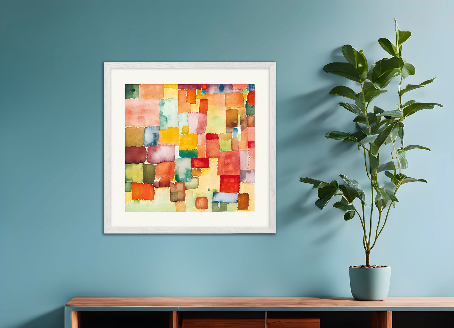 Poster with white wood frame: Watercolor, colored squares