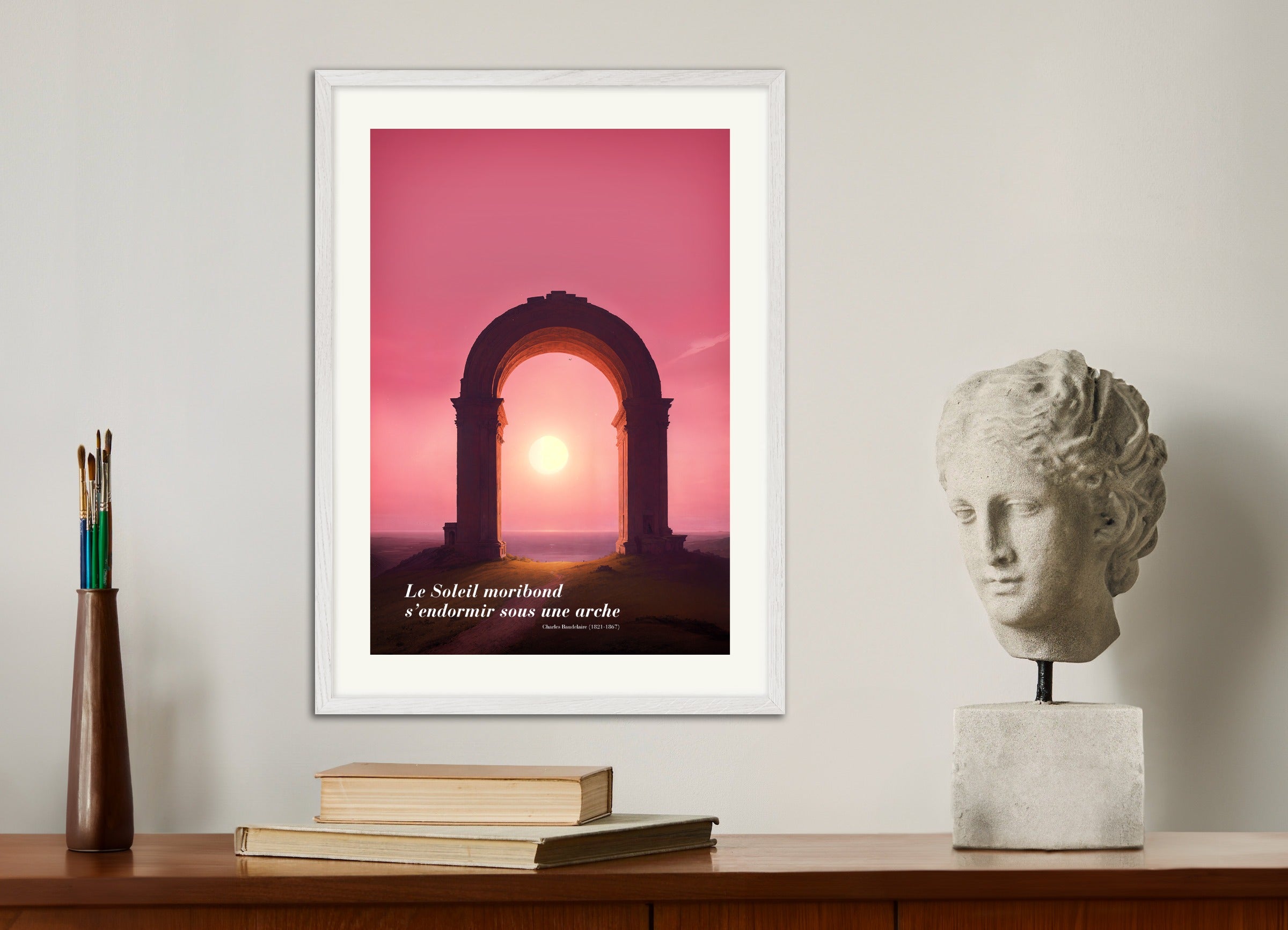 Poster with wood frame: The Dying Sun Falling Asleep Under an Arch, Charles Baudelaire