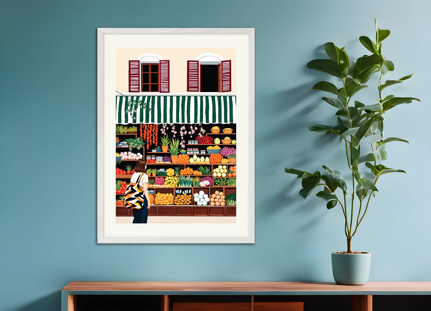 Poster with white wood frame: Groceries, fruits, vegetables and flowers