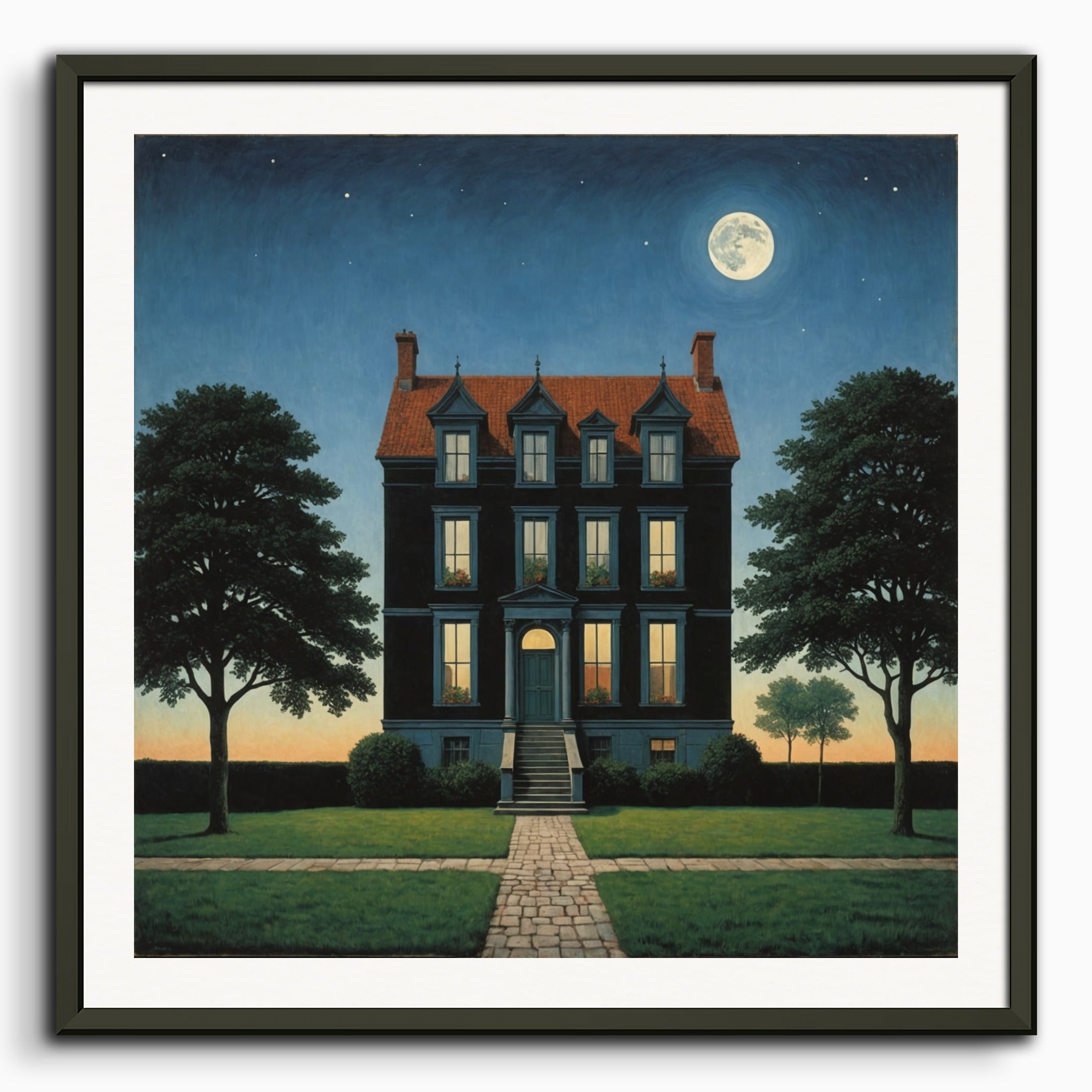 Poster: Belgian surrealism, A house in day and night