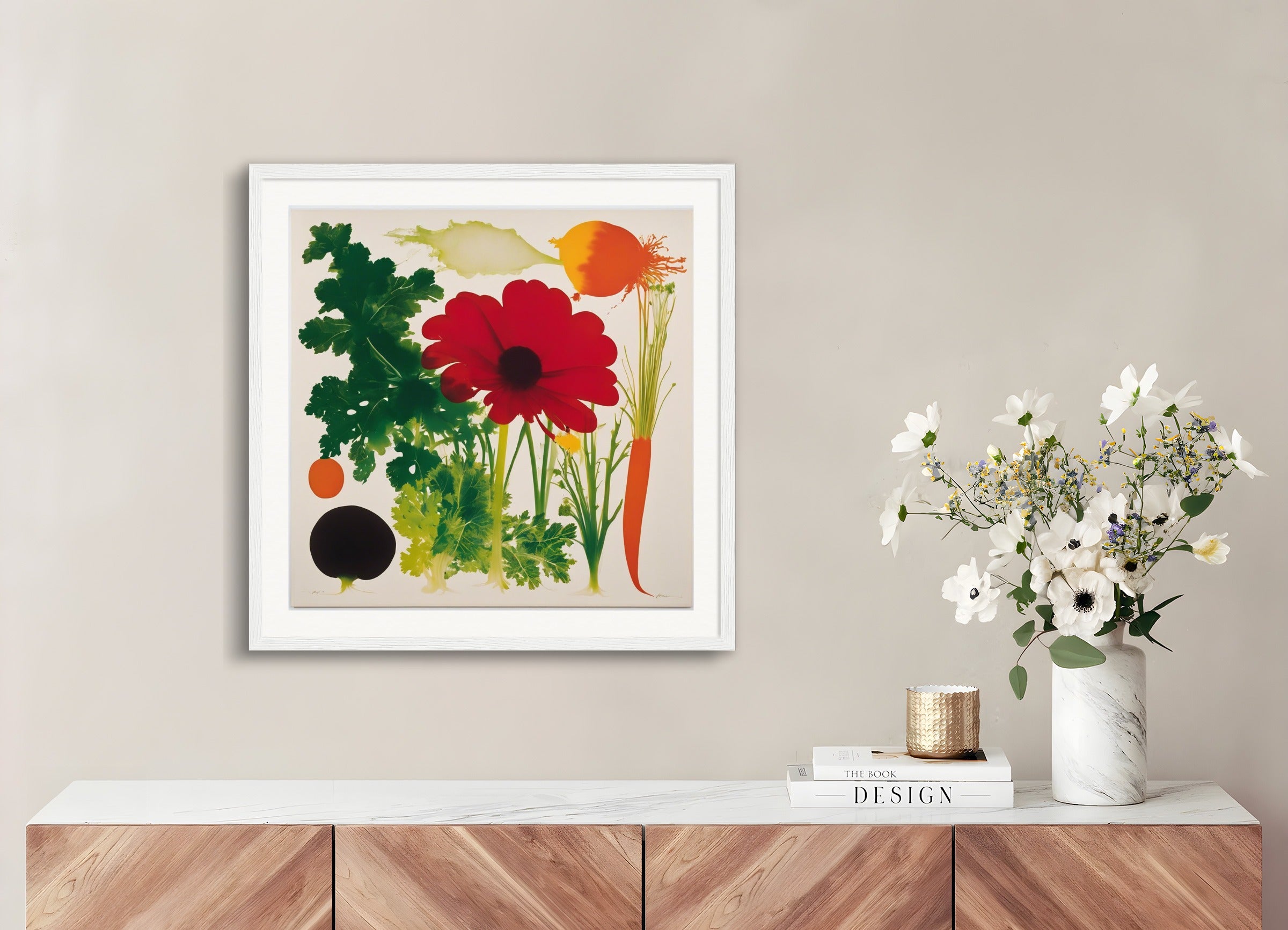 Poster with wood frame: Style centered on light and repetitive structures that explore the phenomena of perception and movement dynamics, Vegetables