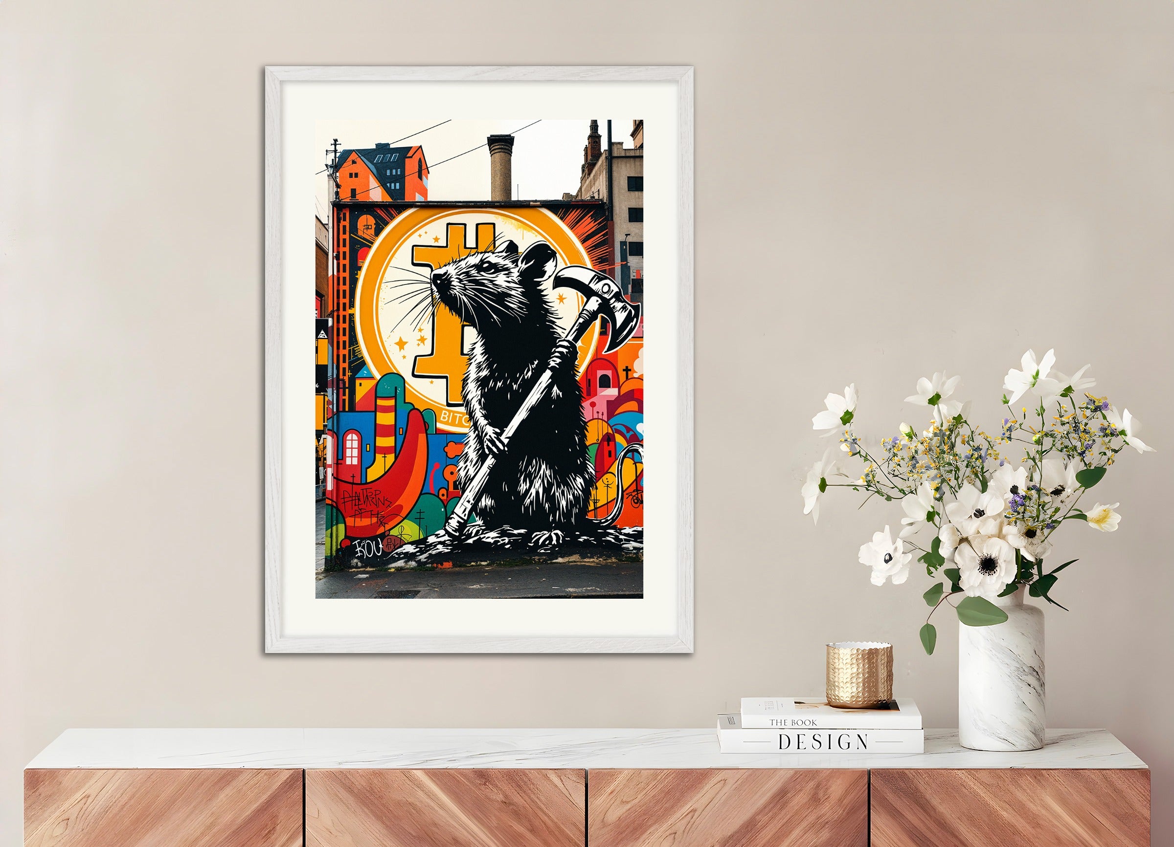 Poster with white wood frame: Bitcoin, Street Art, Hammer Rat