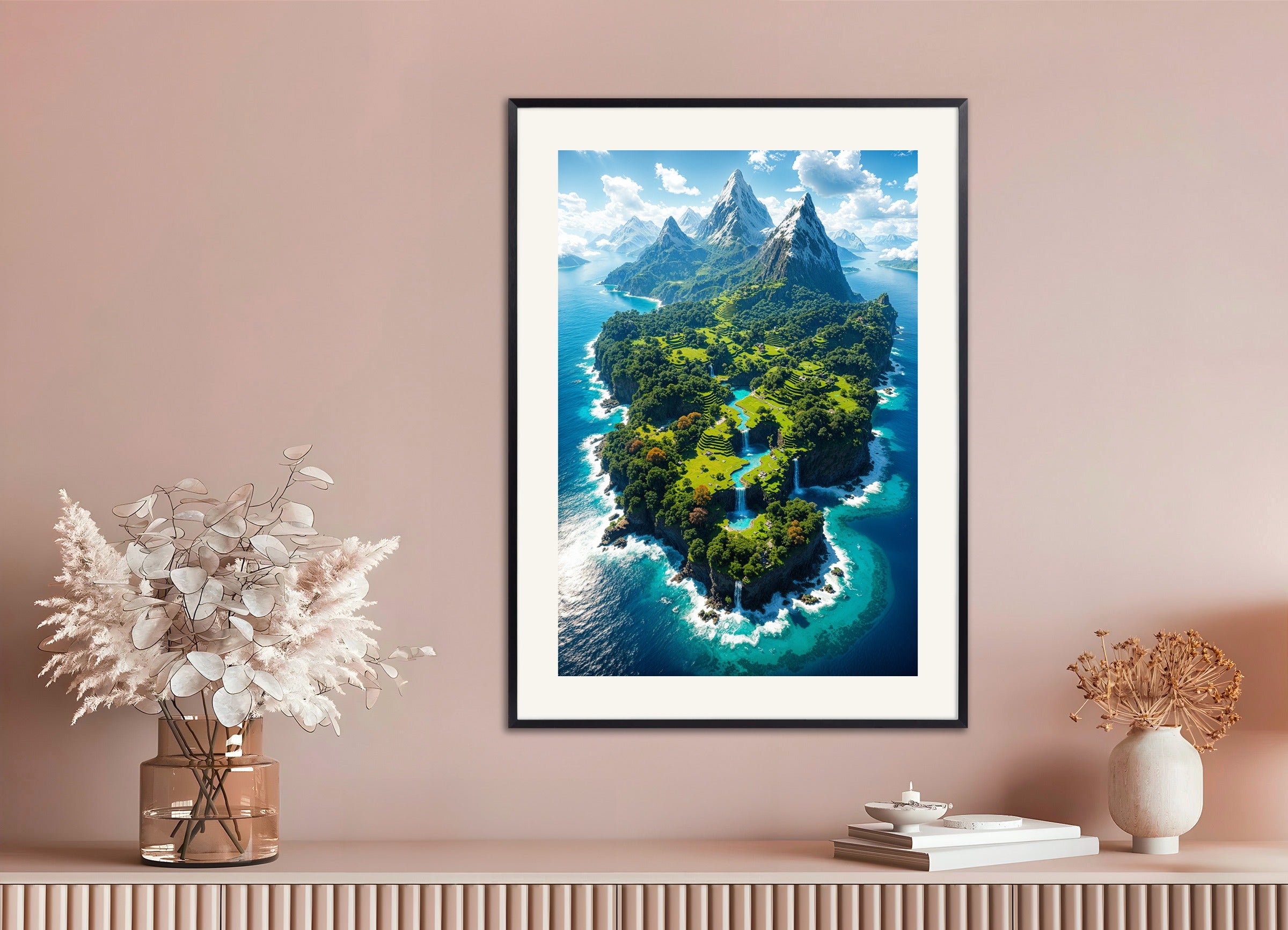 Poster with metal frame: Minecraft, beautiful island from above