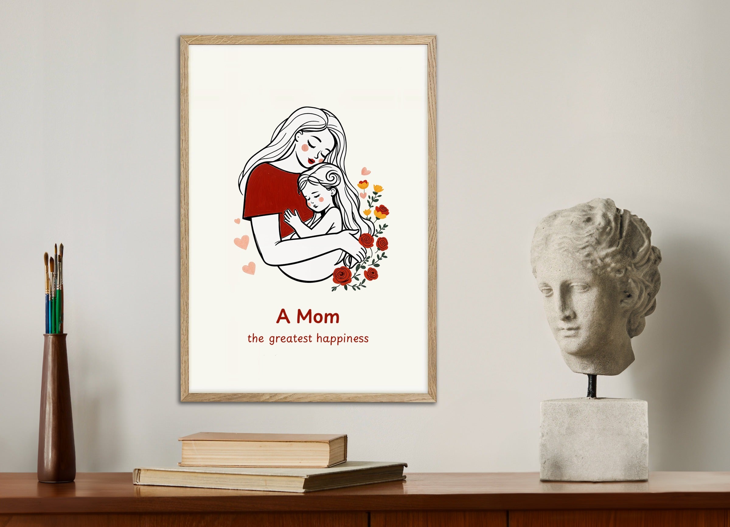 Poster with natural wood frame: Mother's Day gift, a mother, the greatest happiness