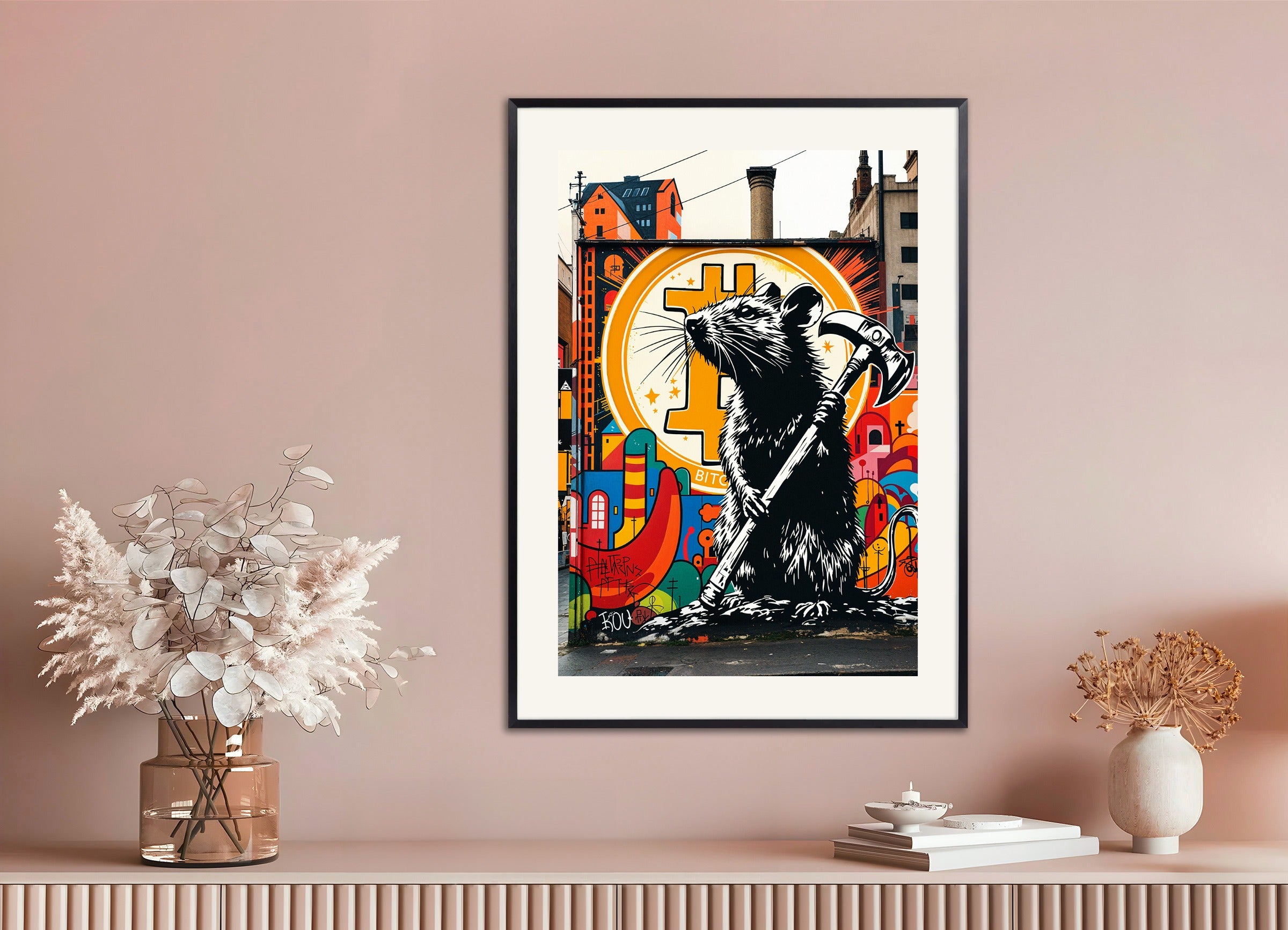 Poster with metal frame: Bitcoin, Street Art, Hammer Rat