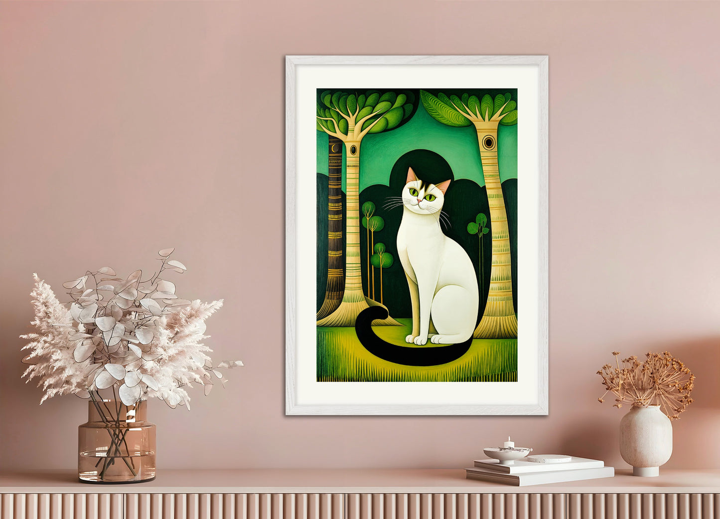 Poster with white wood frame: Siamese cat with emerald eyes, Naive art