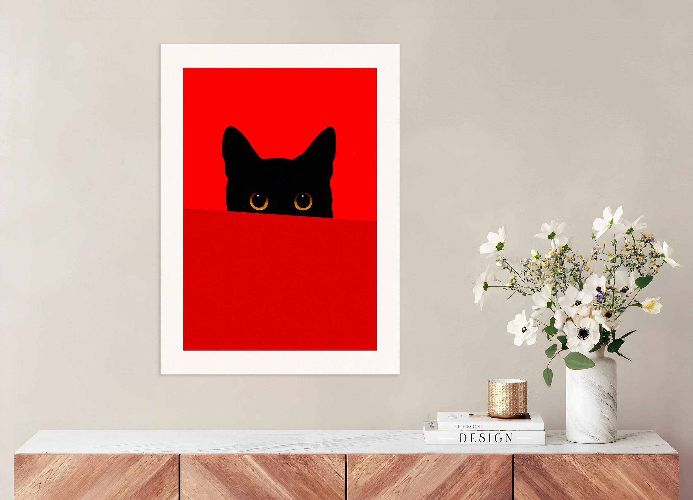 Poster: Cat behind a red wall, none