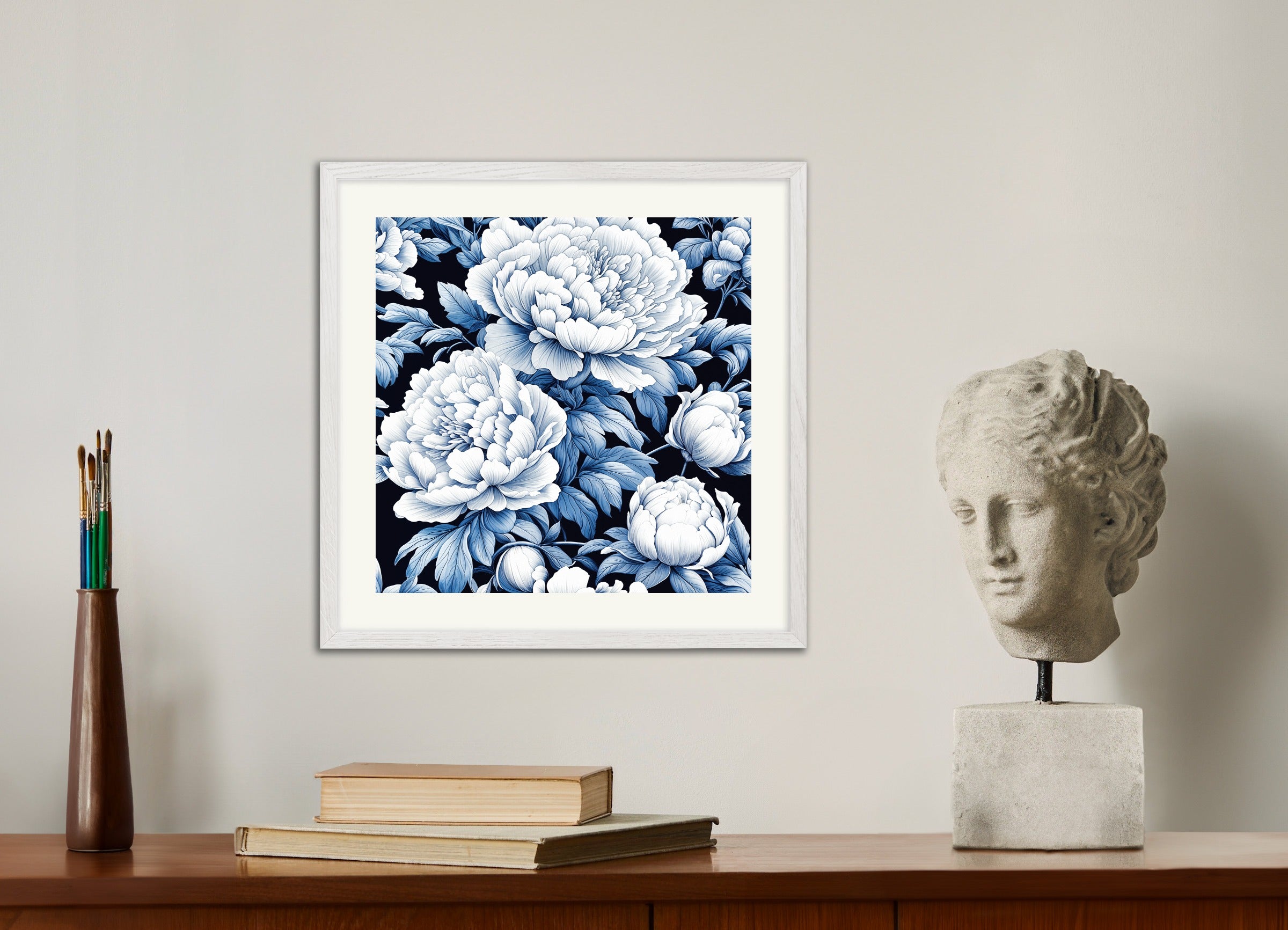 Poster with white wood frame: Peonies