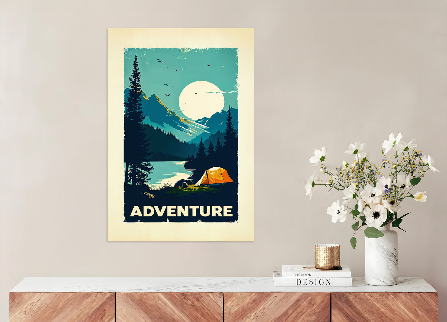 Poster: Vintage style nature poster, camping and adventure, none