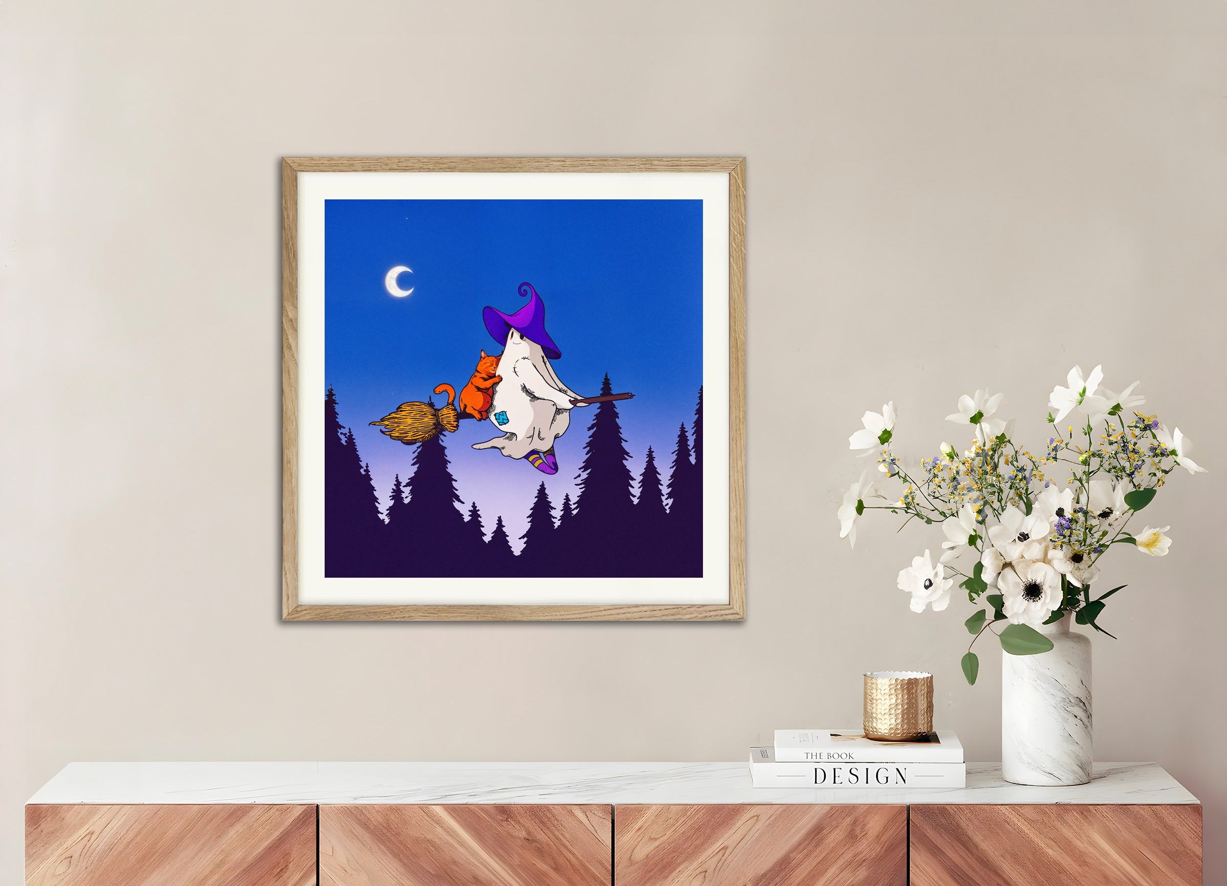 Poster with natural wood frame: A ghost and a cat on a flying broom