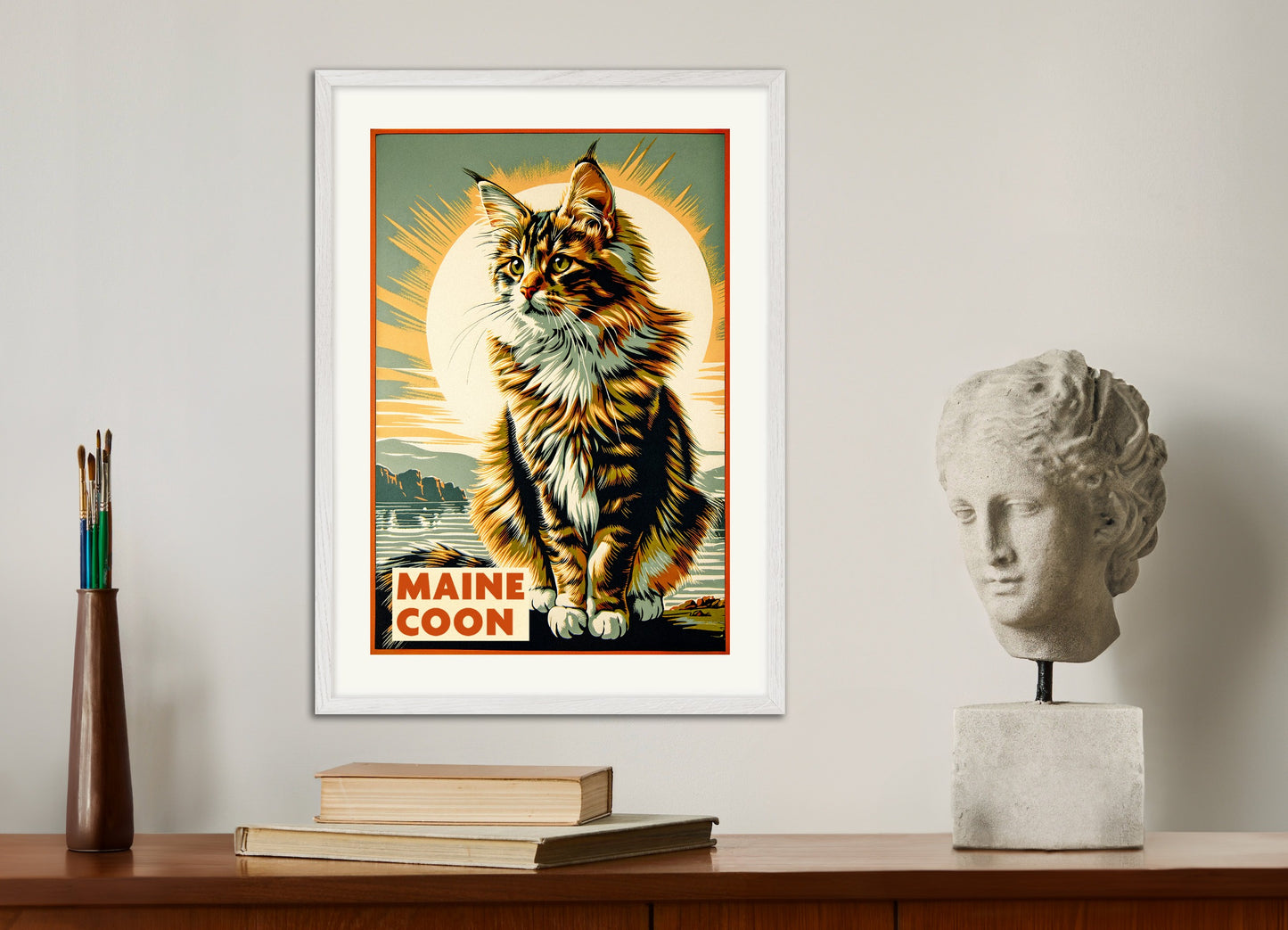 Poster with white wood frame: Maine Coon cat - Vintage