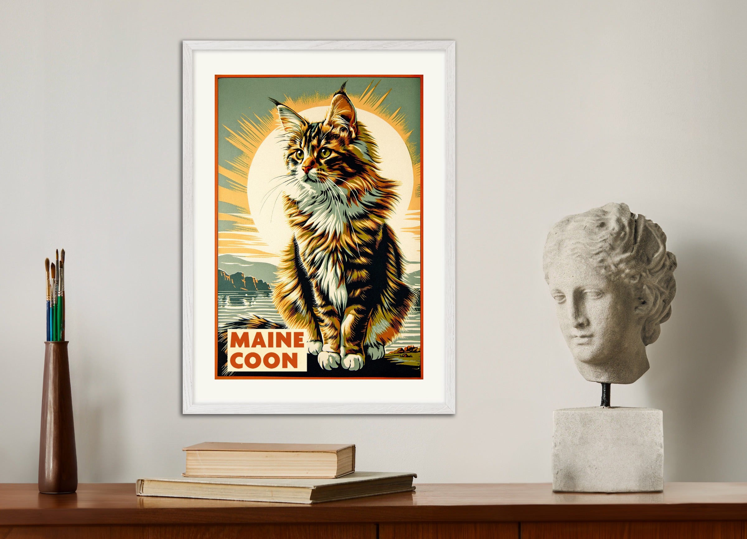 Poster with white wood frame: Maine Coon cat - Vintage