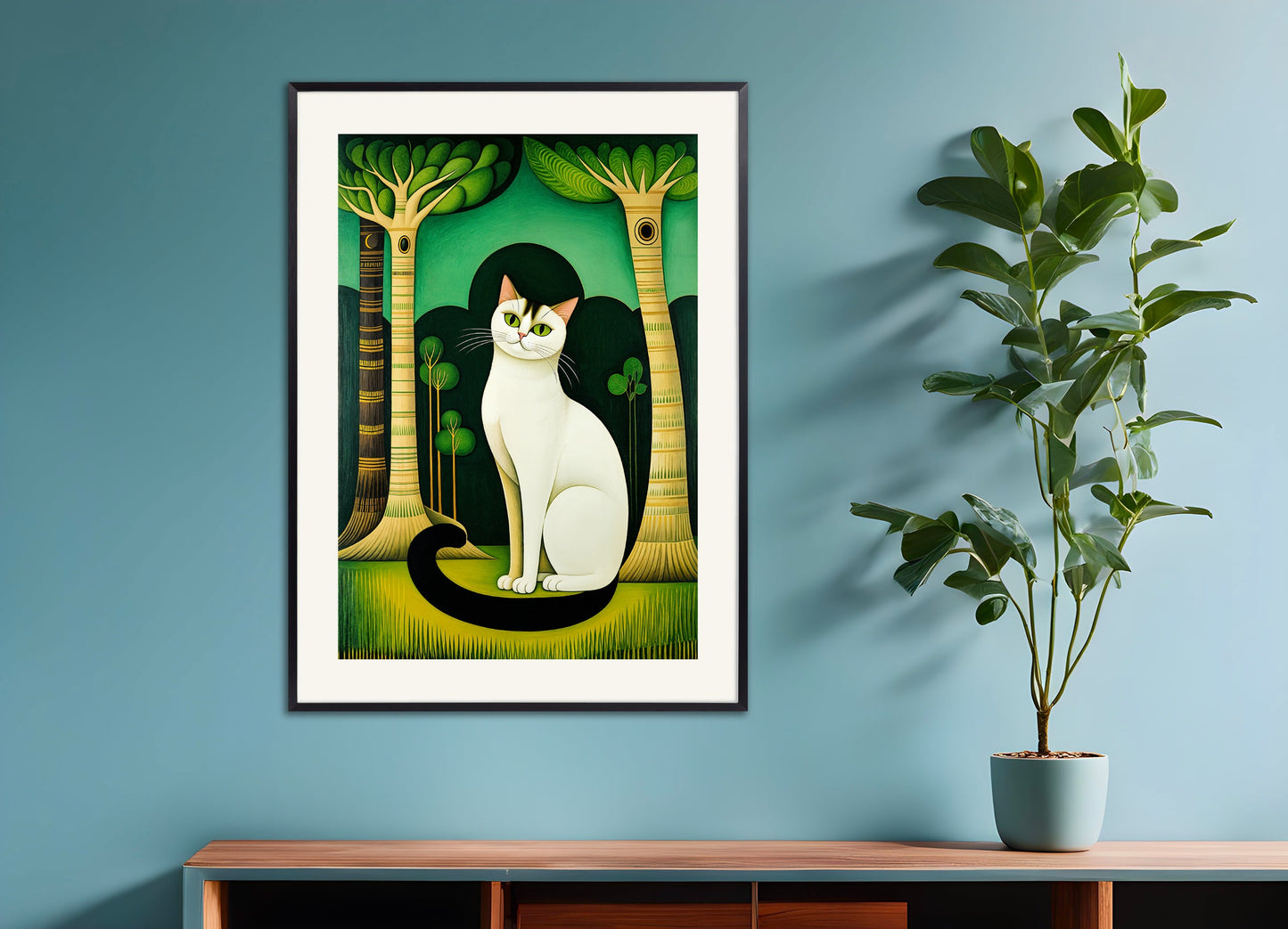 Poster with metal frame: Siamese cat with emerald eyes, Naive art