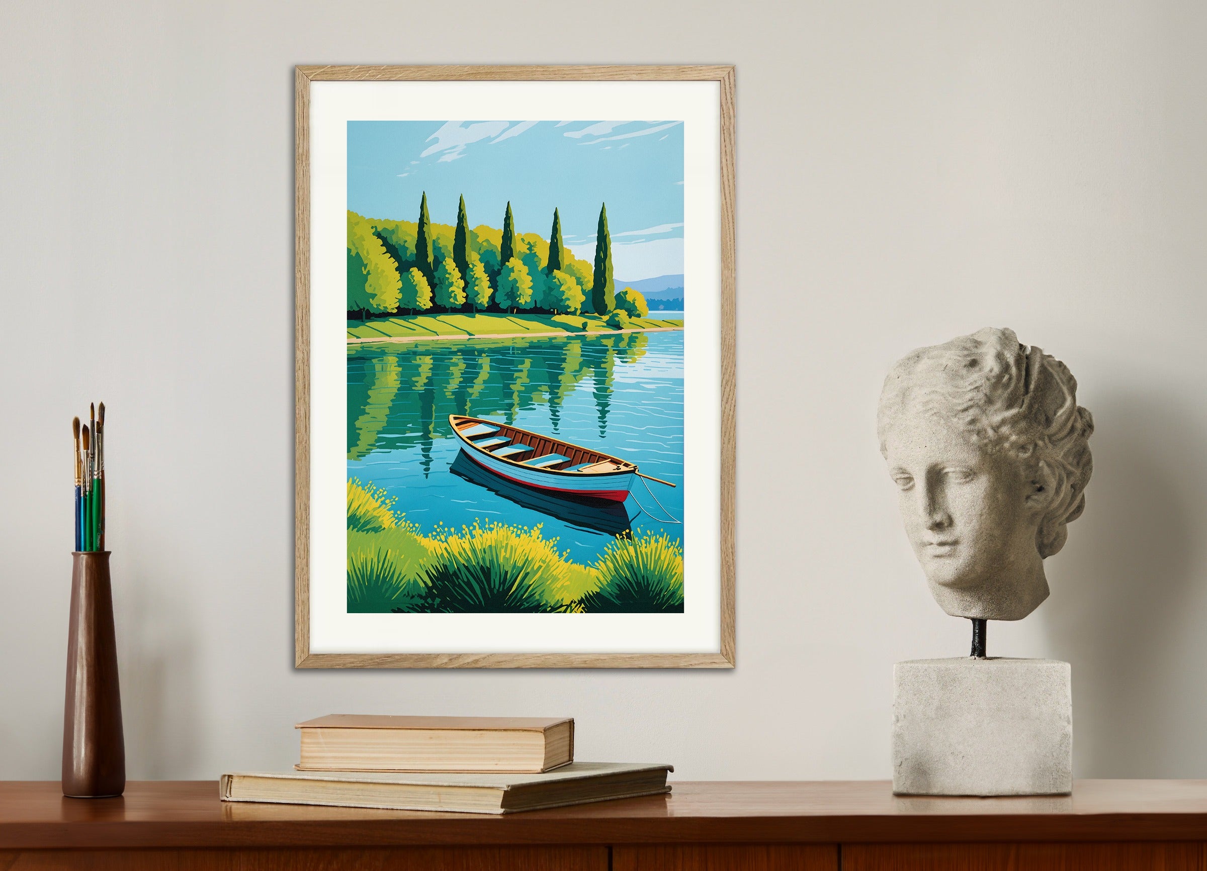 Poster with natural wood frame: A boat on a lake