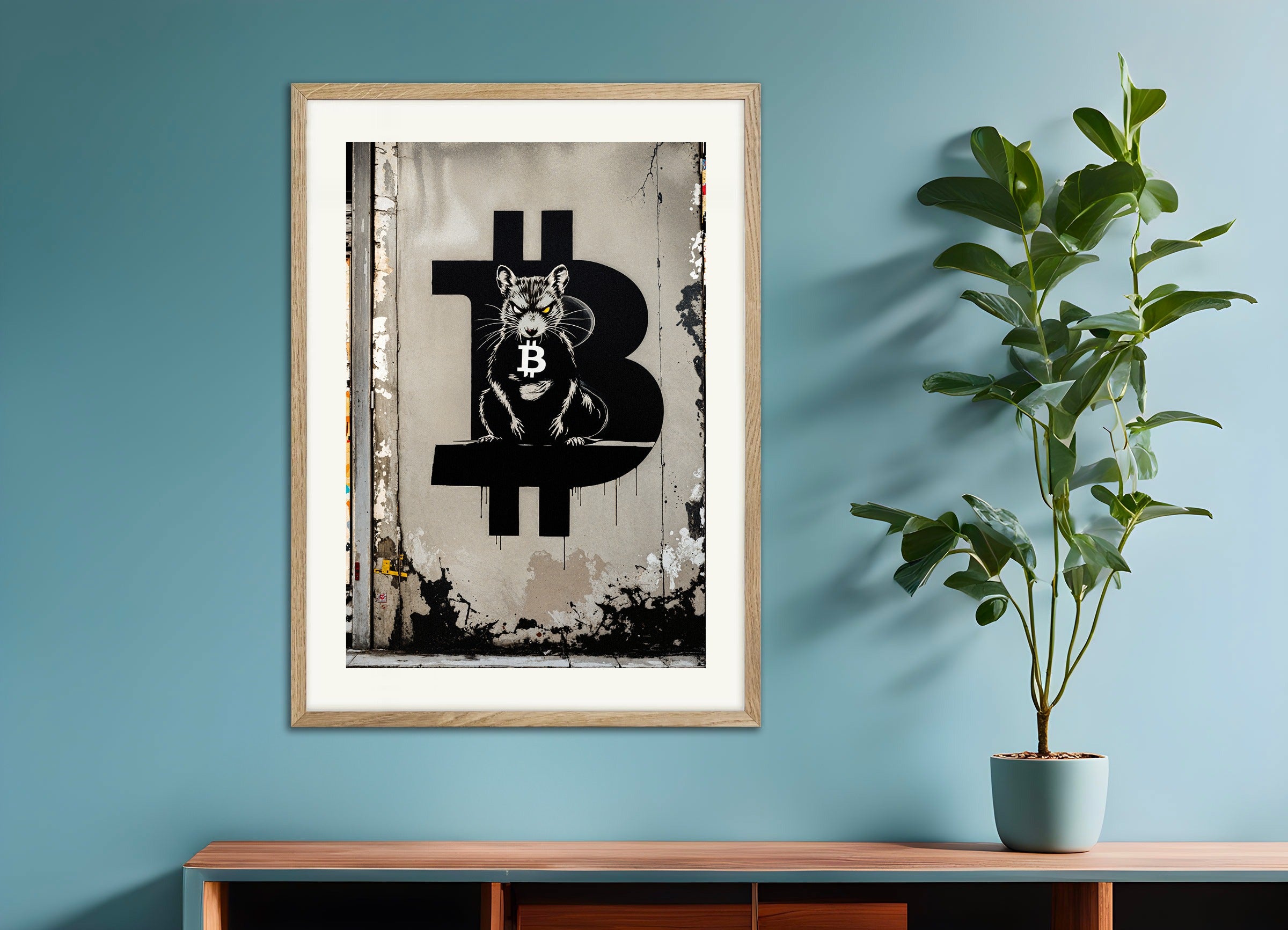 Poster with natural wood frame: Bitcoin Rat, Street Art