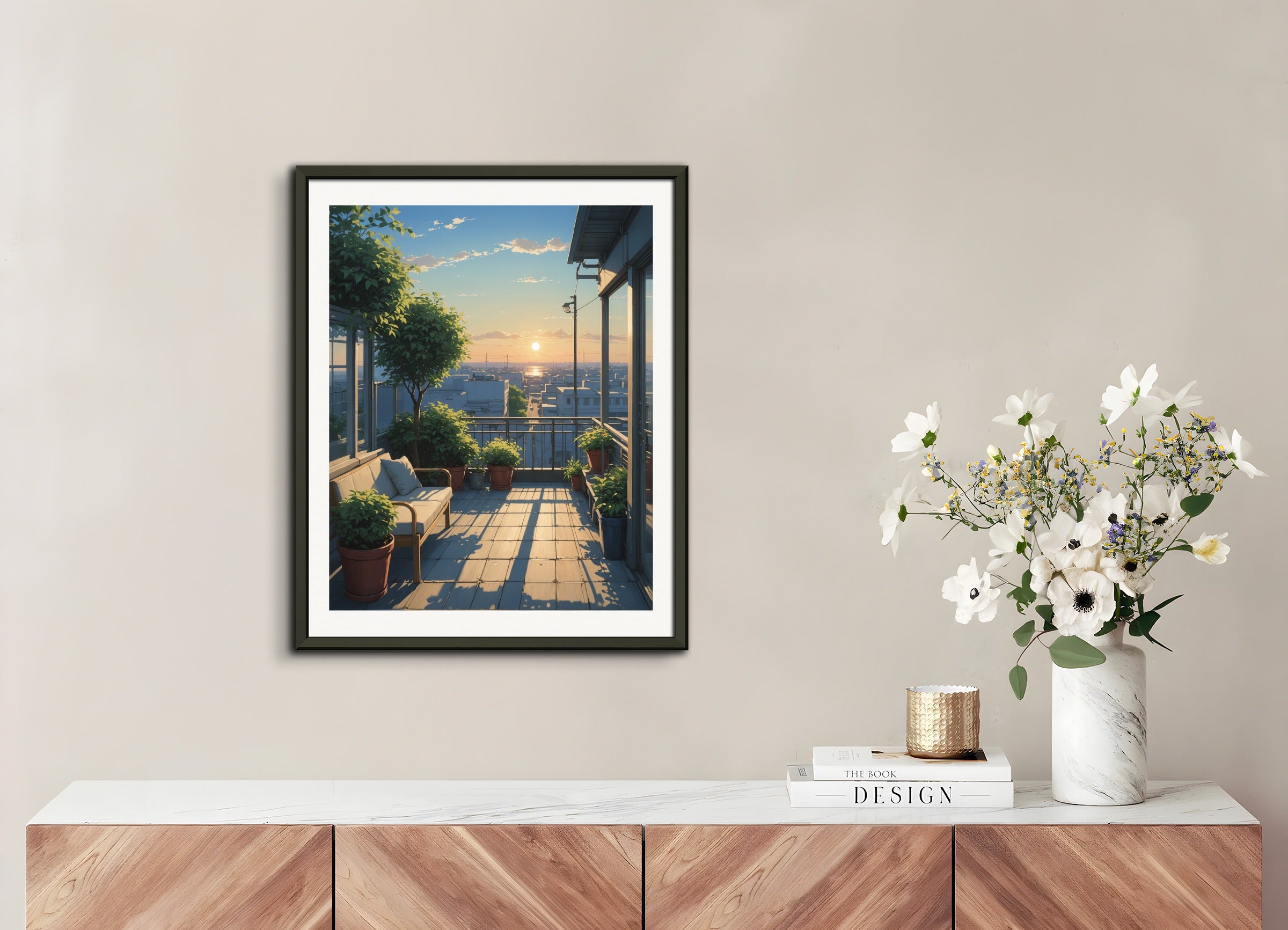 Poster with metal frame: Japanese contemporary anime, A quiet terrace, setting sun