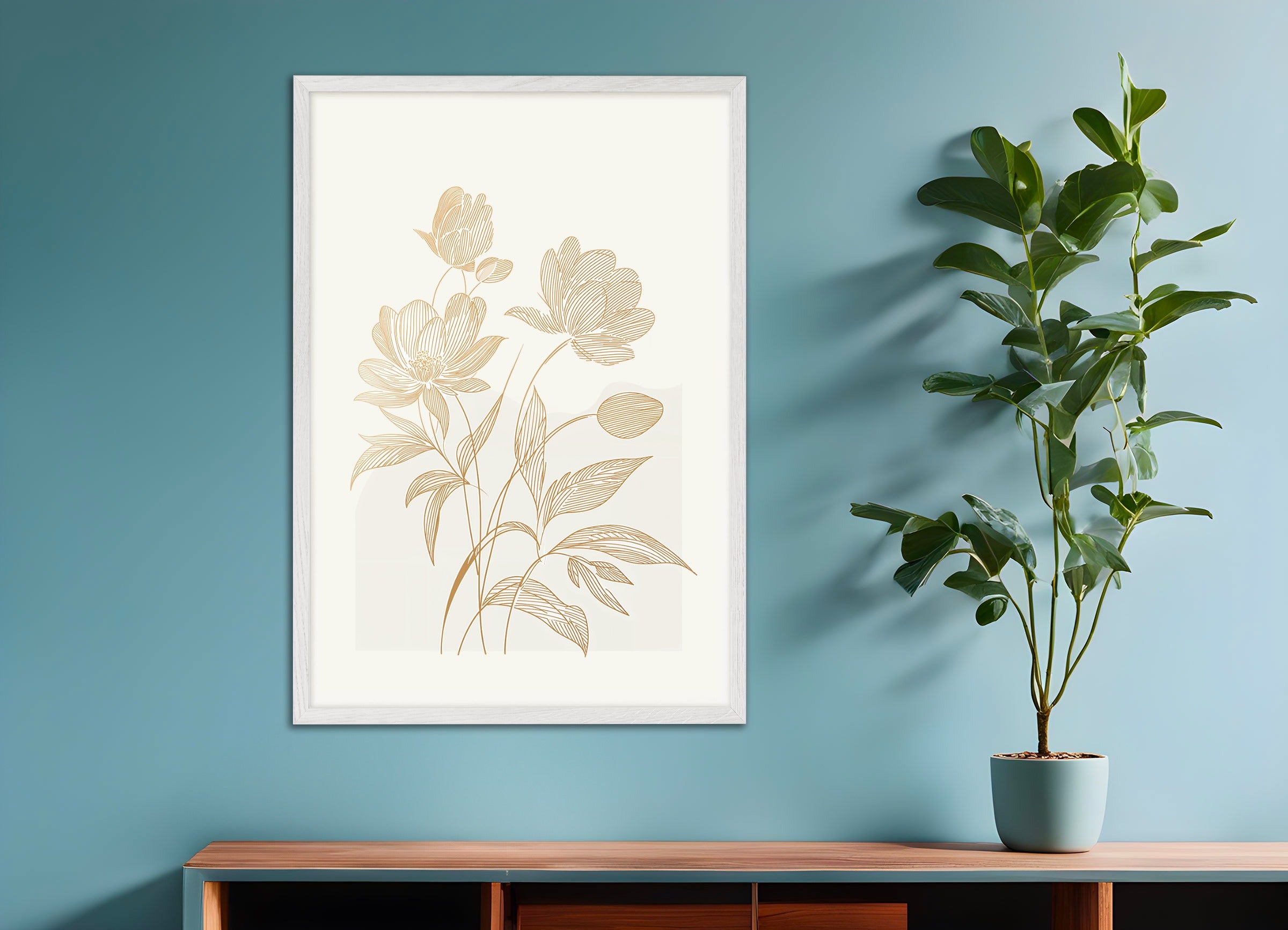 Poster with white wood frame: Flowers on a light beige background