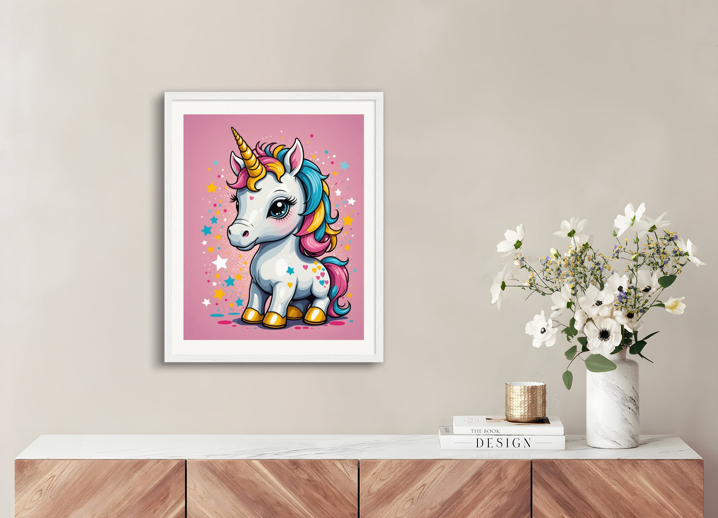 Poster with wood frame: Neo-pop art, A baby cute unicorn