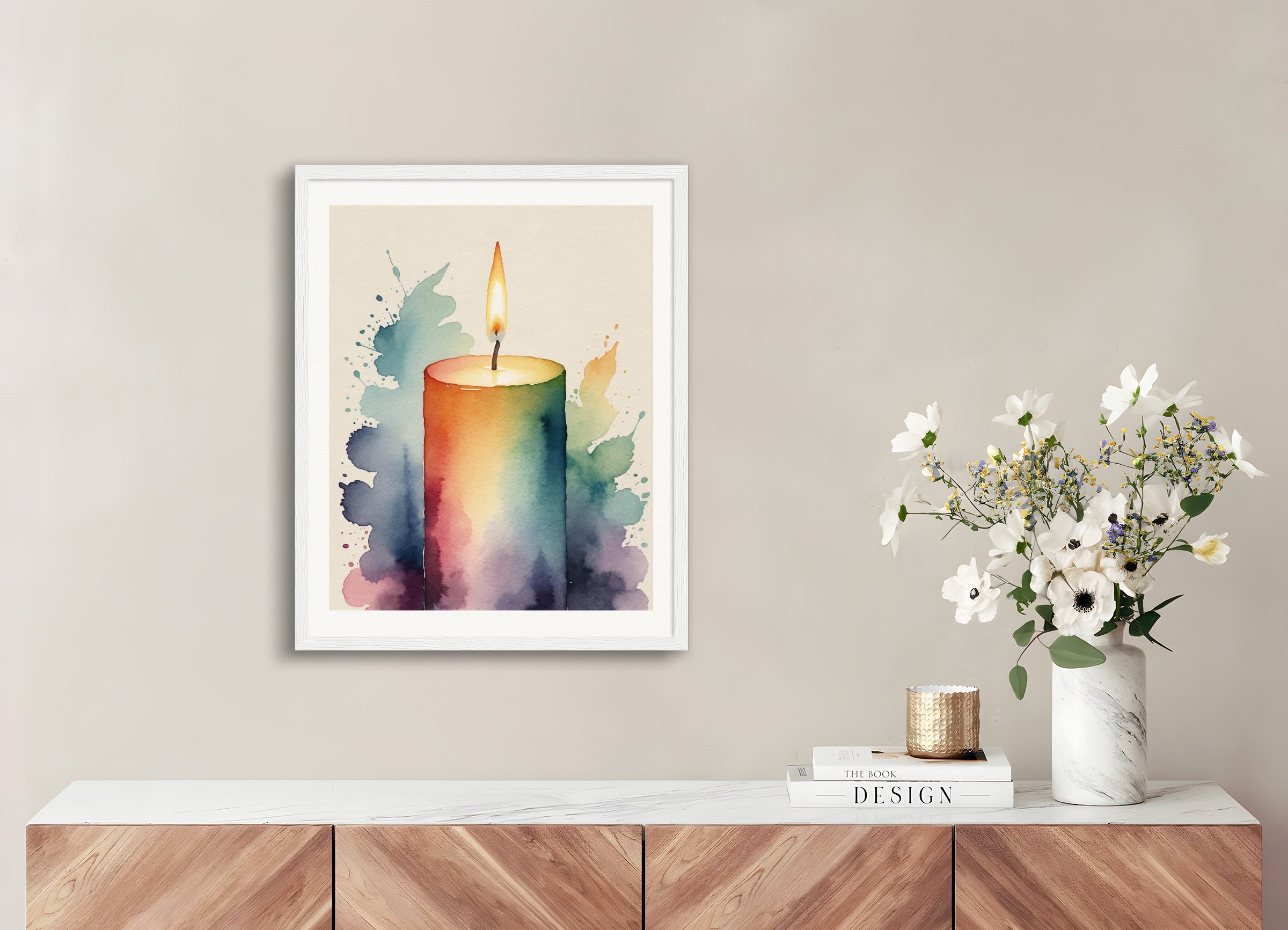 Poster with wood frame: Abstract watercolor illustration using a gradient of colors, Candle