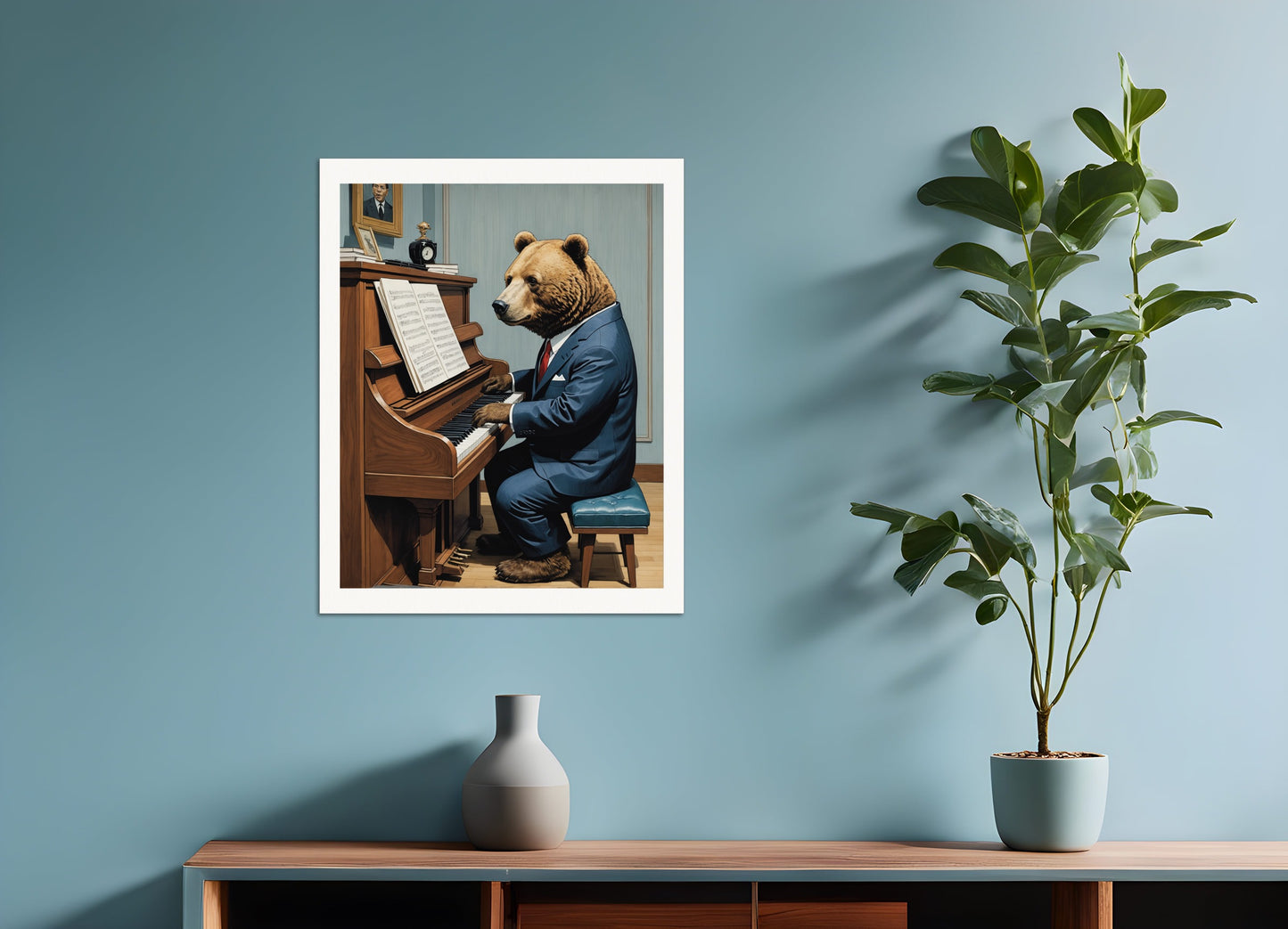 Poster: Contemporary Japanese kawaii artist, bear in suit plays piano