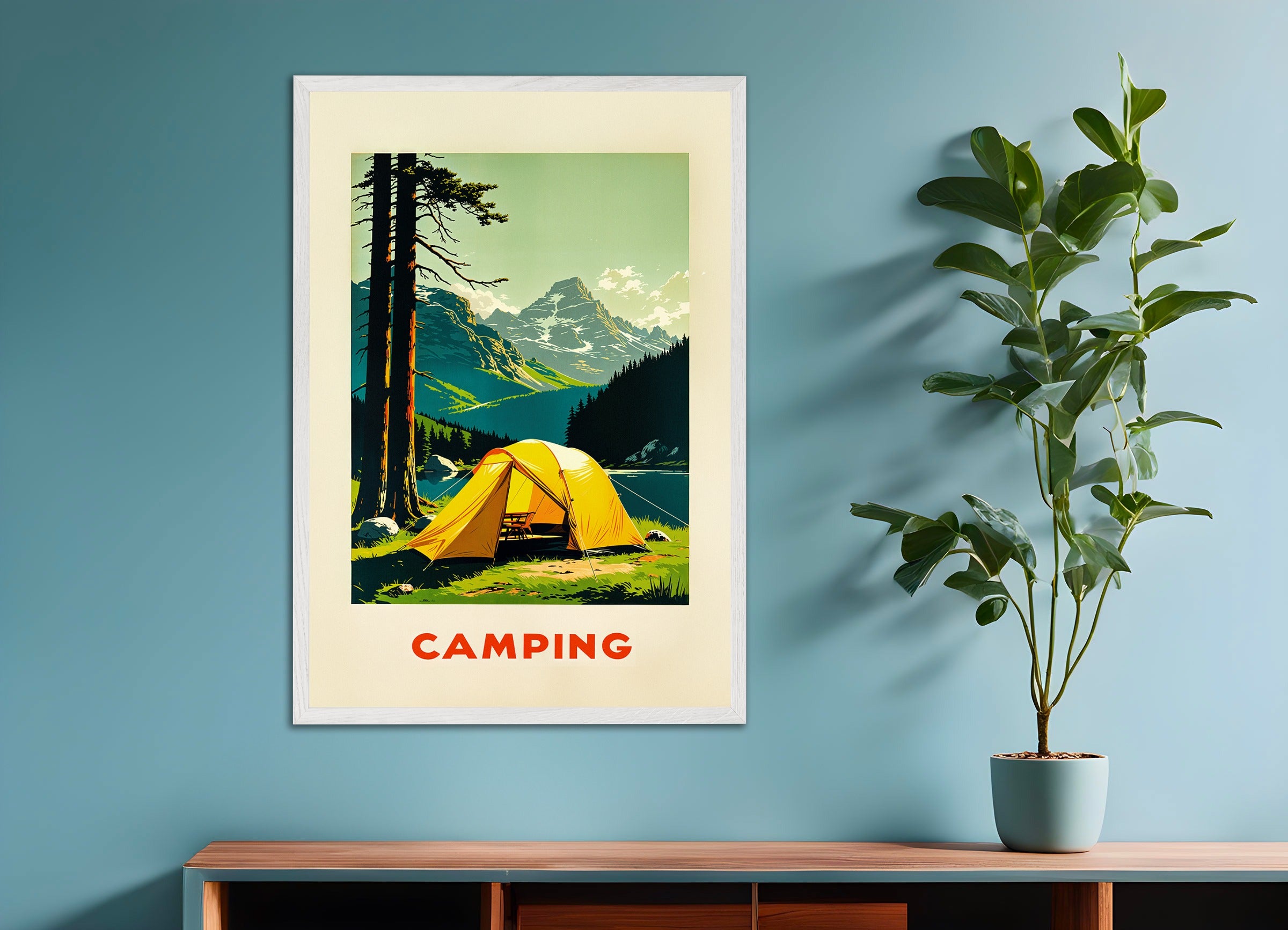 Poster with white wood frame: Vintage camping, mountain and nature poster