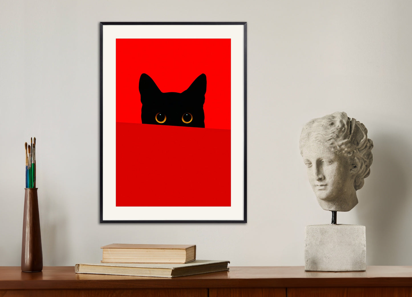 Poster with metal frame: Cat behind a red wall