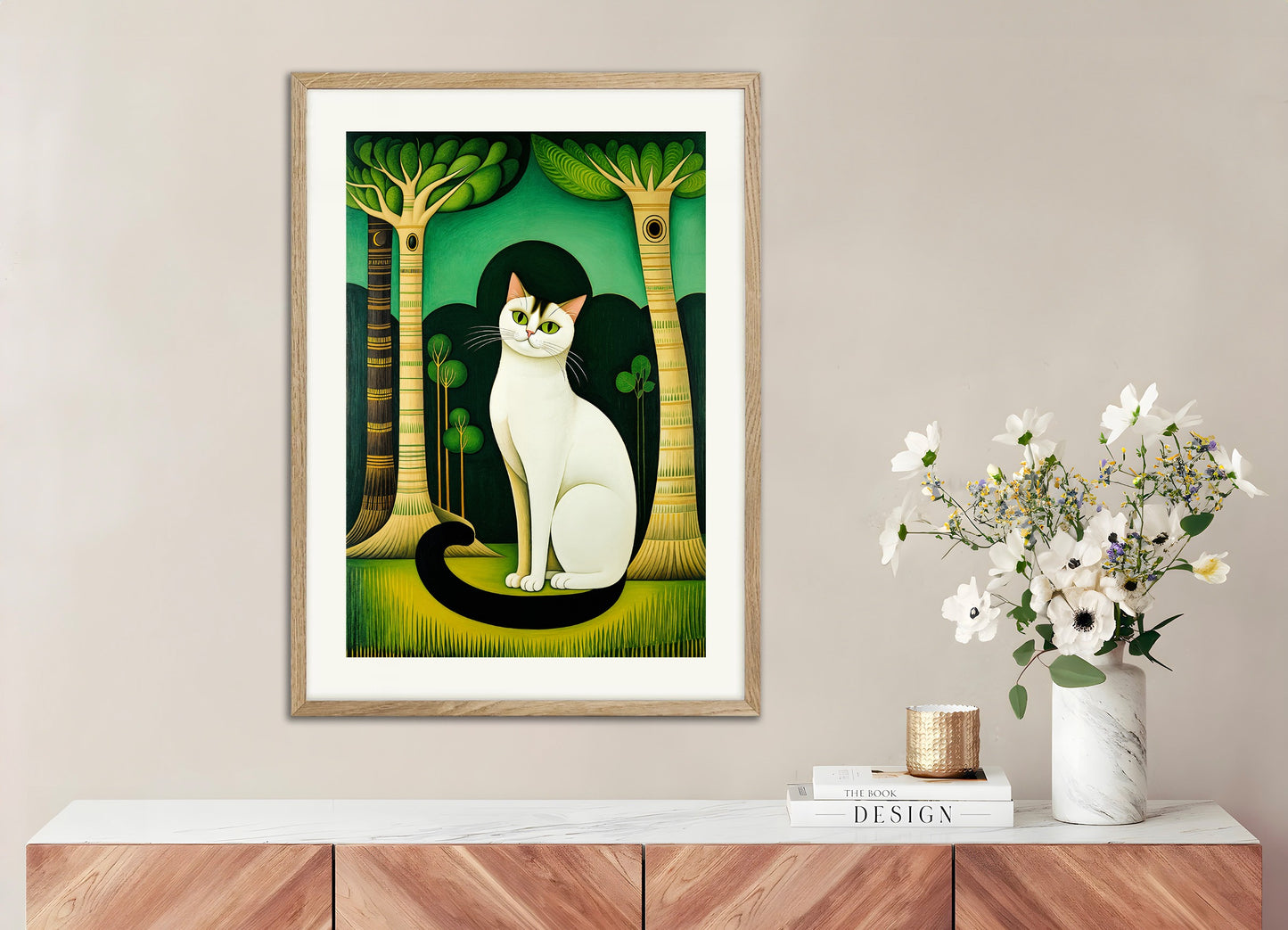 Poster with natural wood frame: Siamese cat with emerald eyes, Naive art