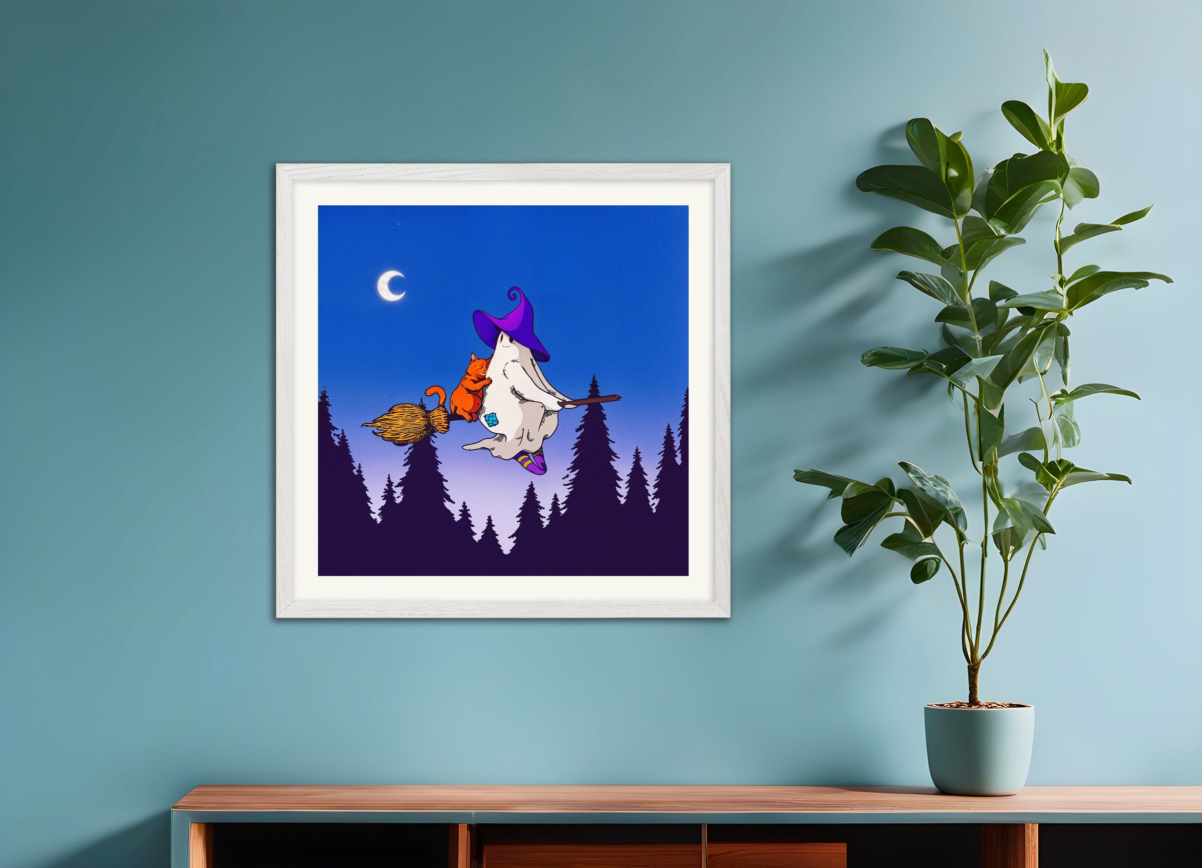 Poster with white wood frame: A ghost and a cat on a flying broom