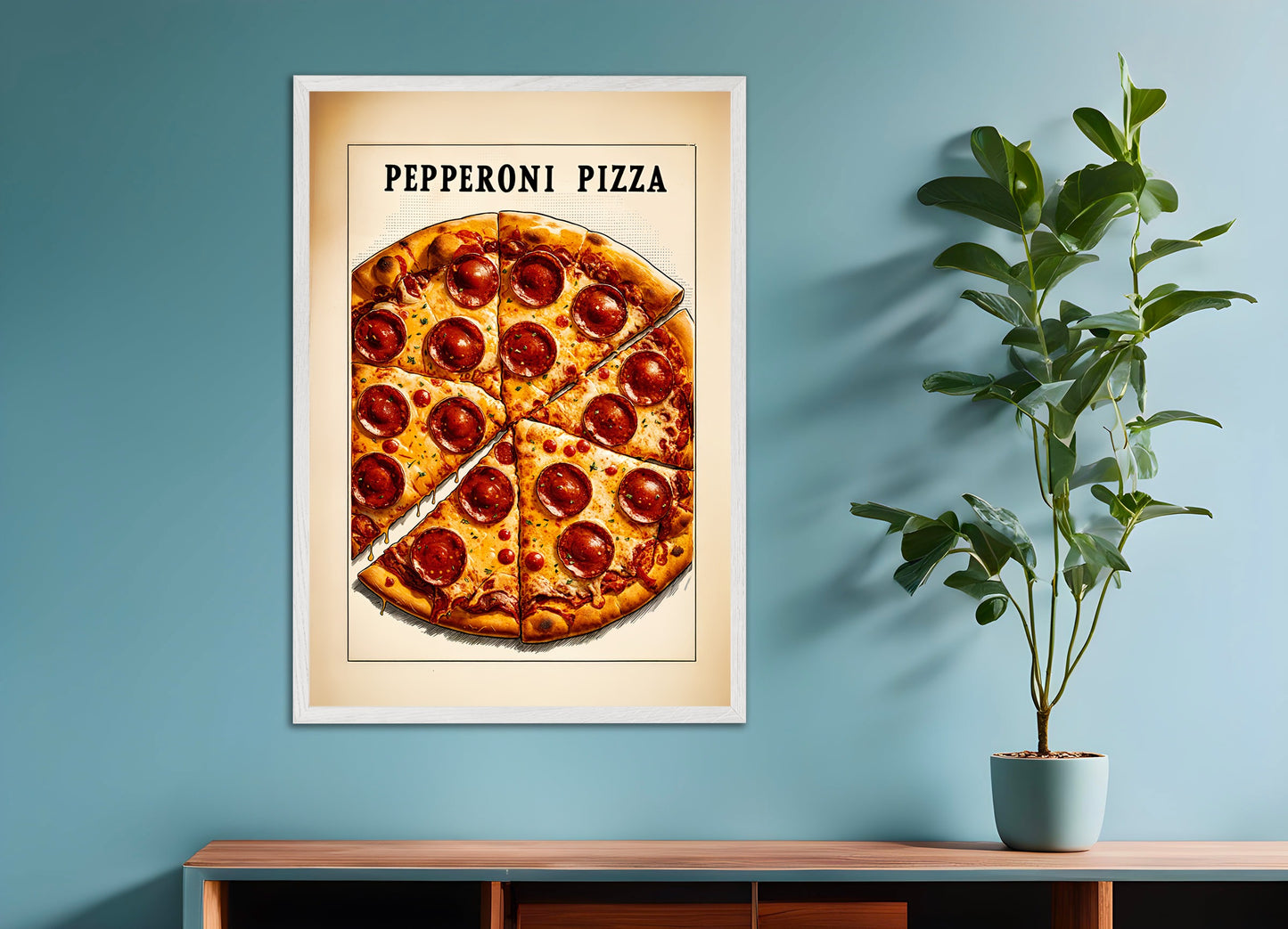 Poster with white wood frame: Pizza Pepperoni