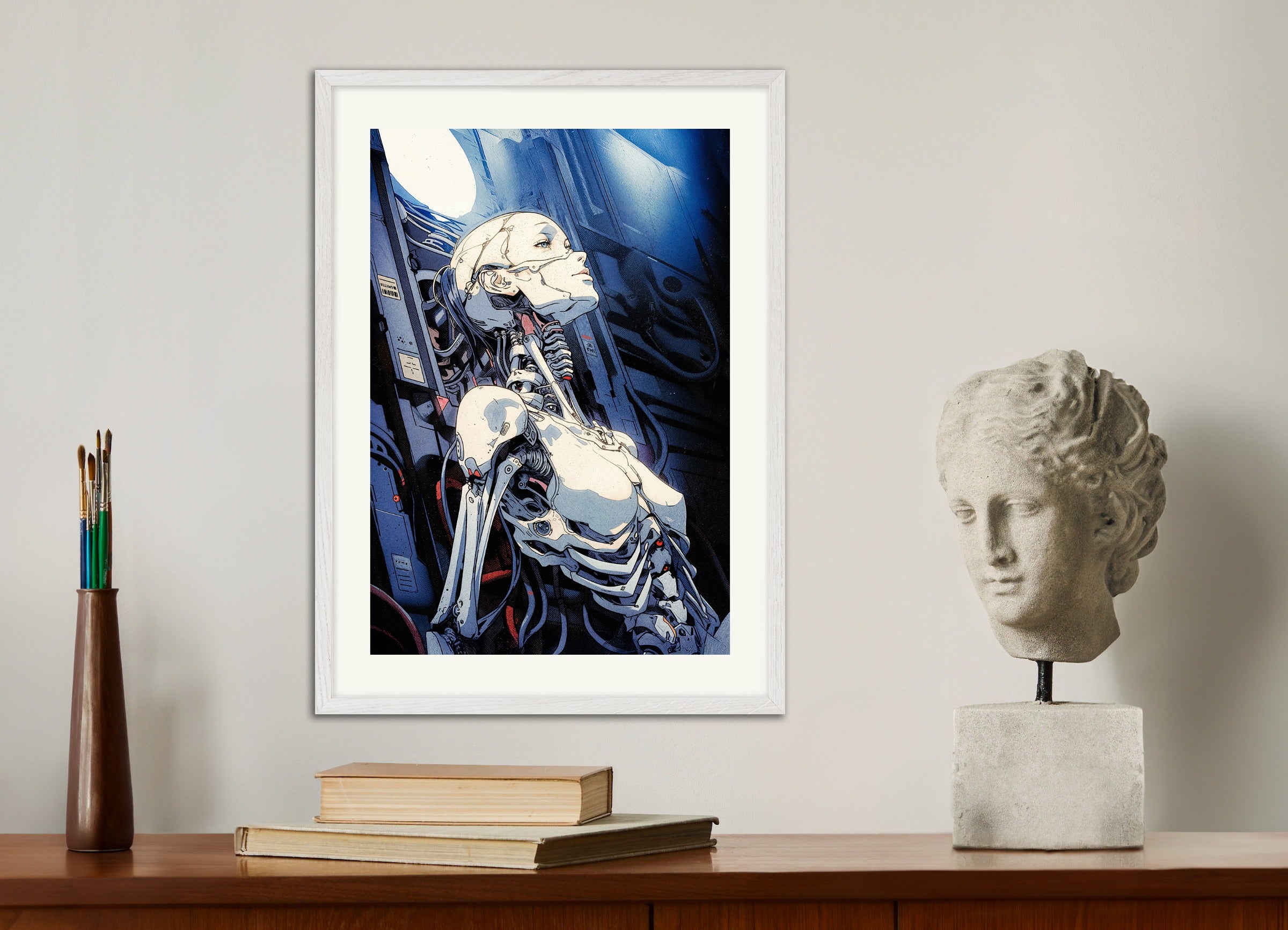 Poster with white wood frame: Cyberpunk, female robot