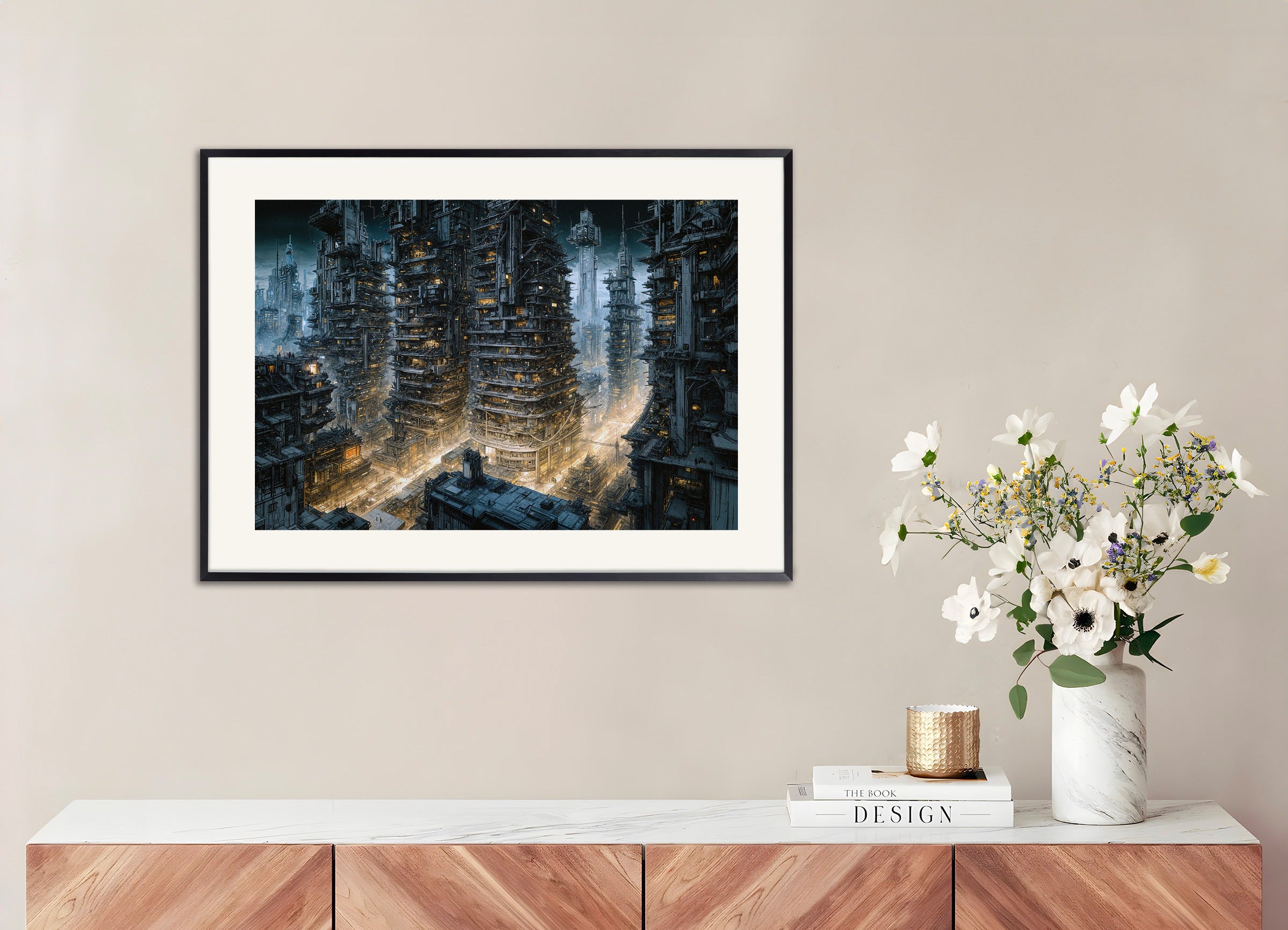 Poster with metal frame: Cybernetic city at night, science-fiction