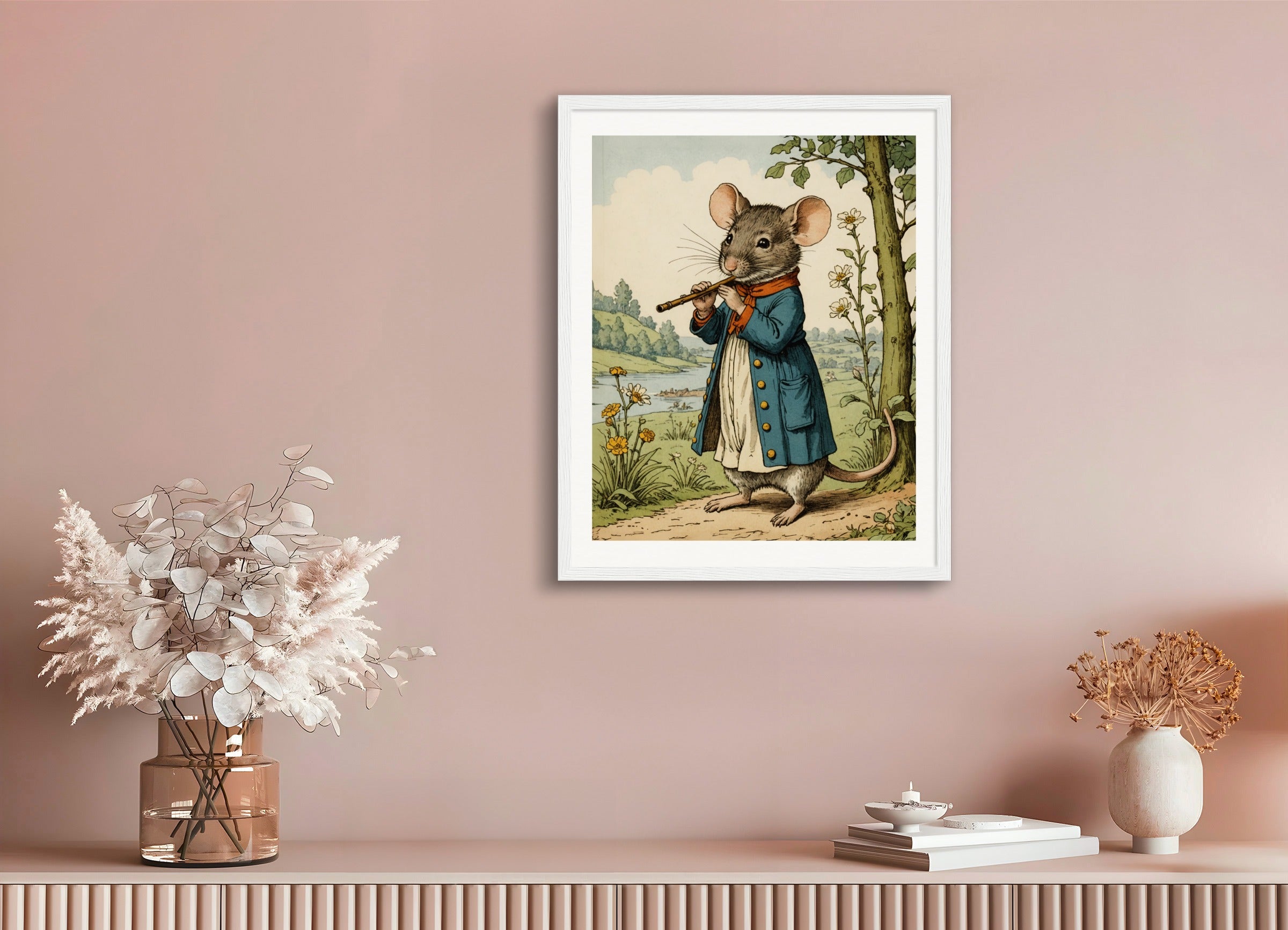 Poster with wood frame: British illustrations, innocent and nostalgic childhood, a mouse playing the flute